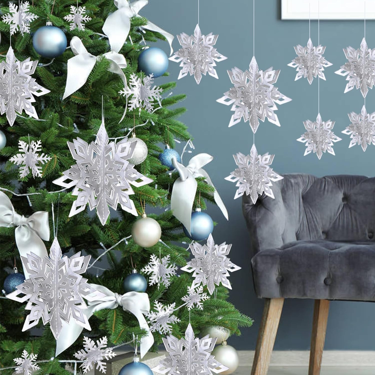 Déco Hiver Scintillante 24 Flocons Neige 3D EKKONG - Décoration Noël Laser à Suspendre Décoration Flocons Neige 3D