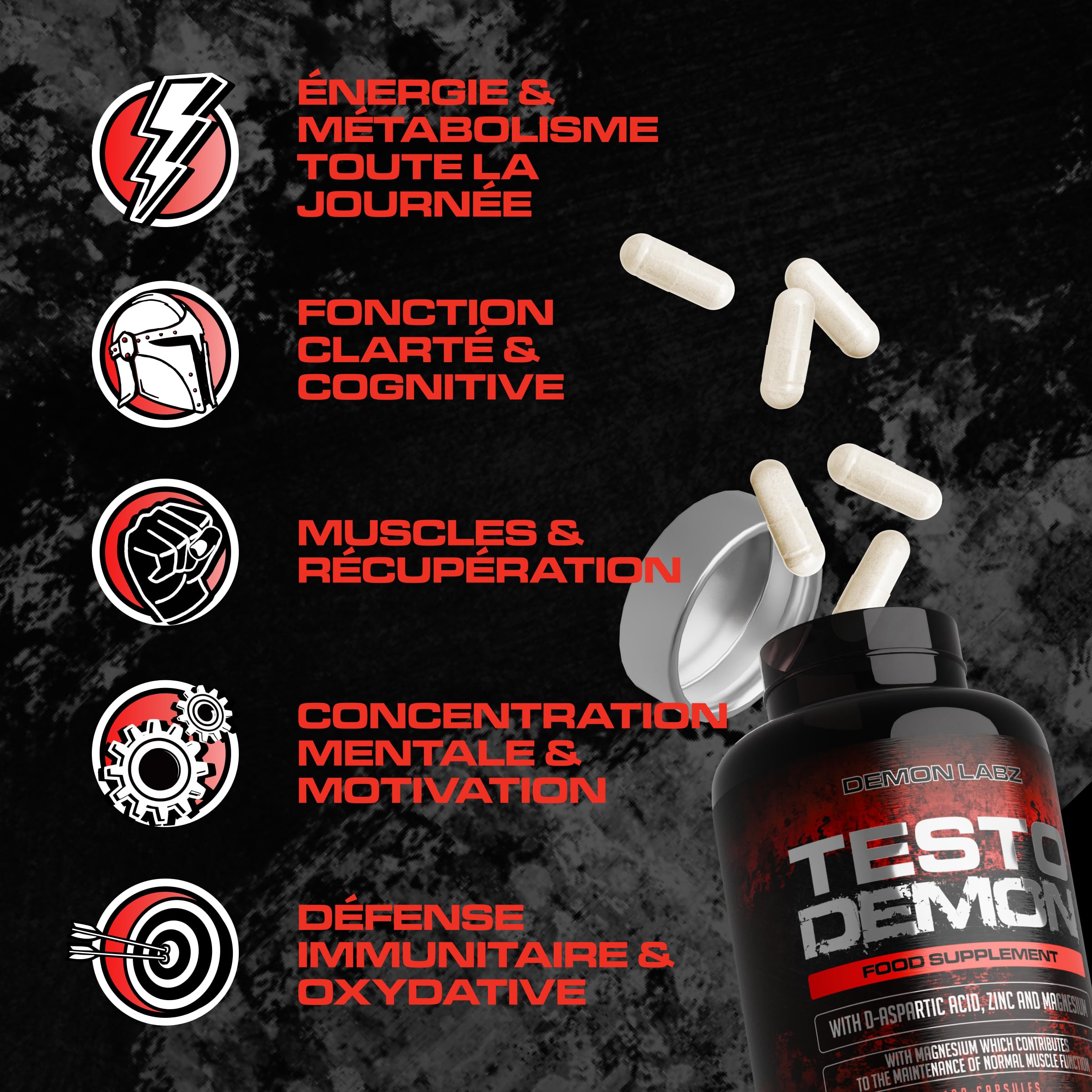 Testo Demon – Complexe Zinc & Acides Aminés pour hommes avec Maca, Vitamines B et Extraits Botaniques – 120 Gélules (30 Portions)