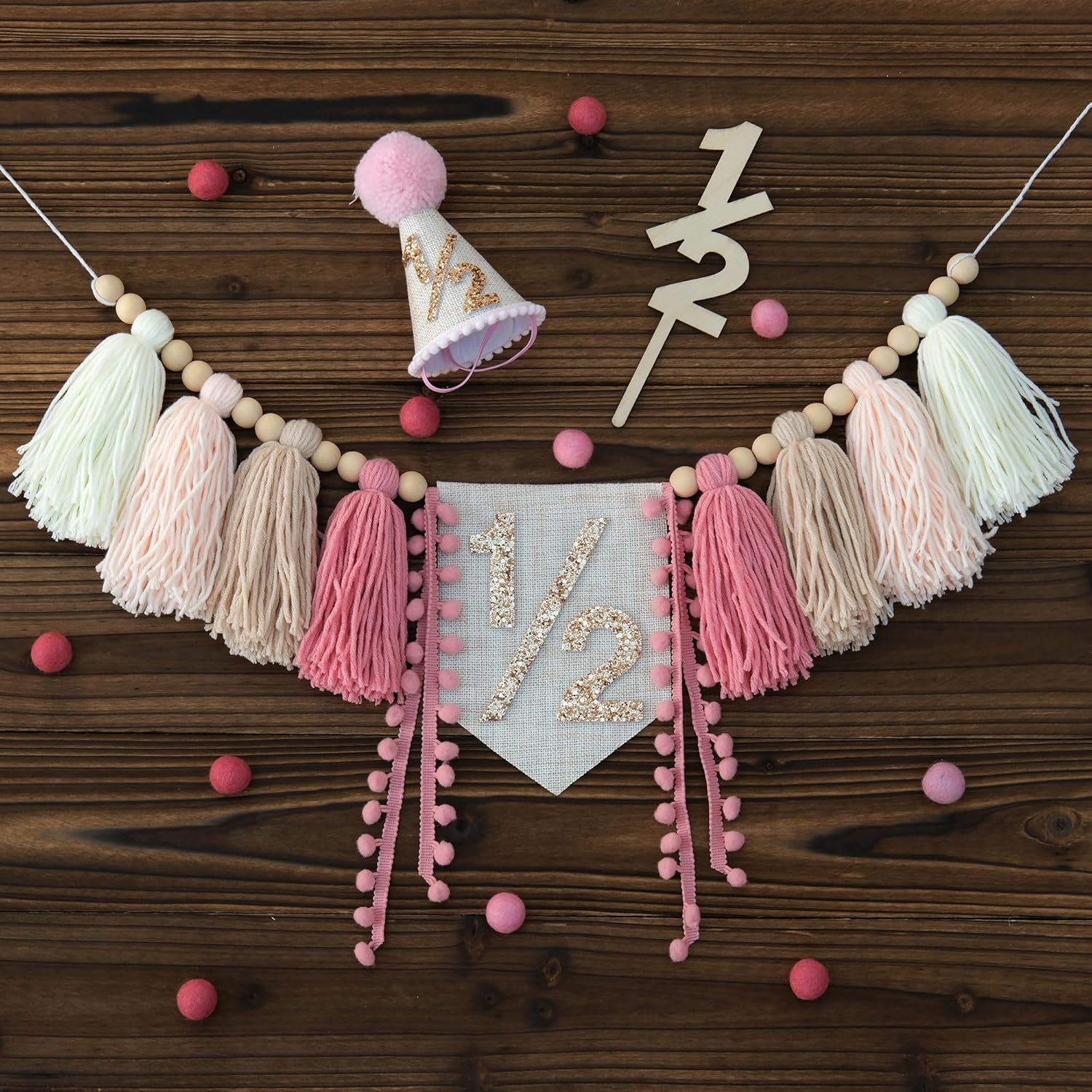1/2 Pink Baby Girl Birthday Highchair Banner Wood Bead Tassel Garland Half Birthday Conical Cap Wooden Cake Topper Happy Half Year Party Photoshoot Props