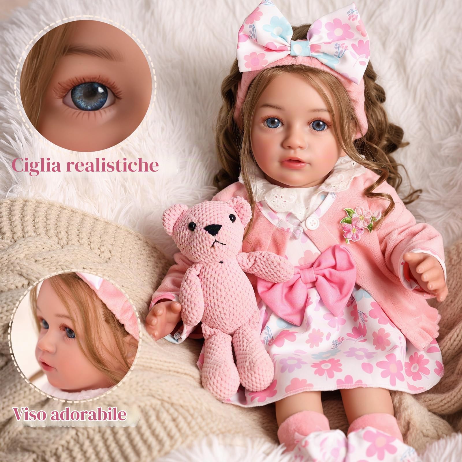 BABESIDE Bambole Reborn Bambina – 20 Pollici Reborn Femmina con Occhi Azzurri & Riccioli Castani, Corpo Morbido in Tessuto, Abito & Accessori per Bambini dai 3 Anni in su