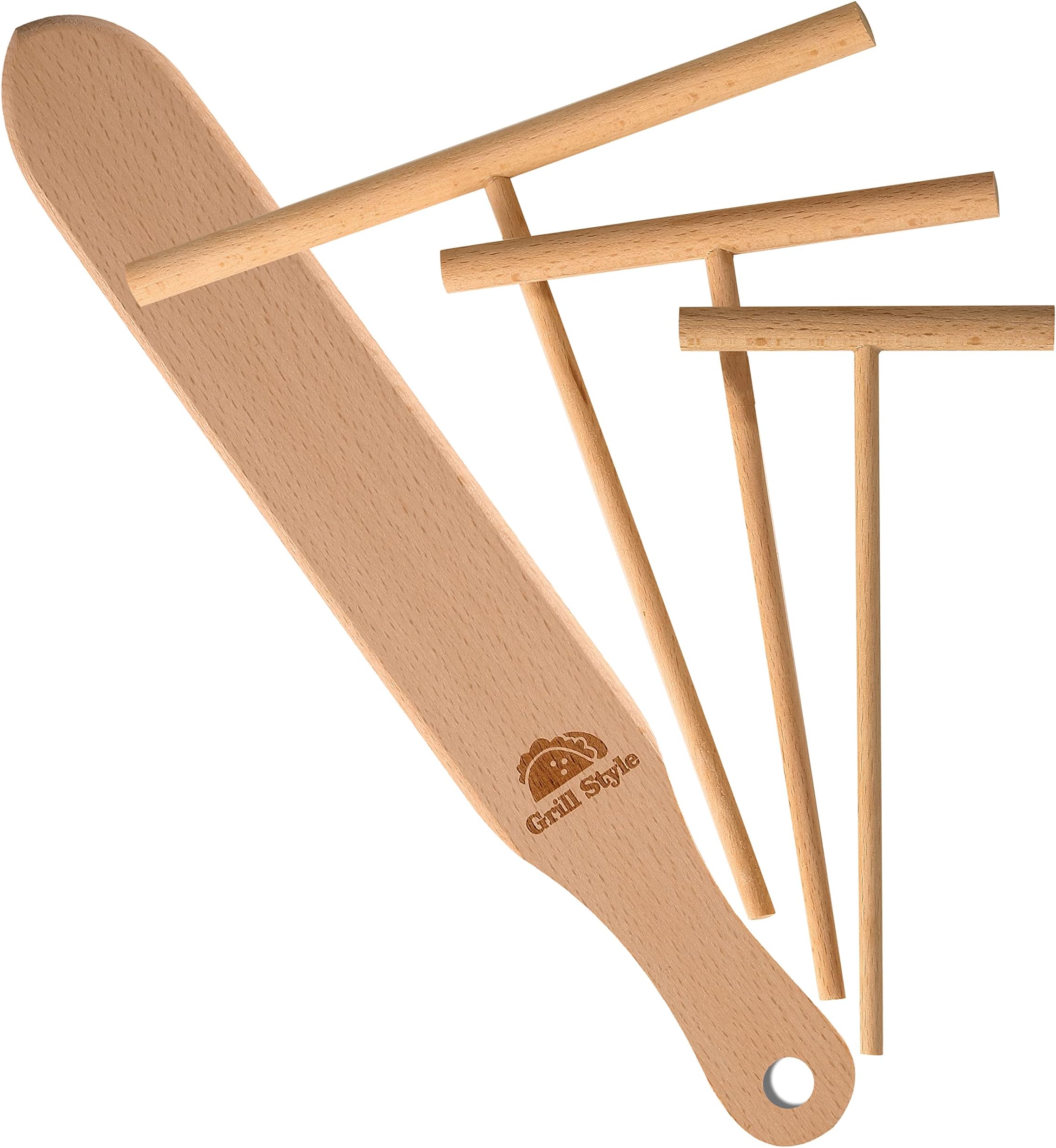 Crepe Spreader and Spatula Kit - 3.5, 5, 7 Inch T-Shaped Batter Spreaders & 13.4 Inch Spatula Turner - Natural Wood Pancake Tool for Any Crepe Pan Maker, Pack of 4