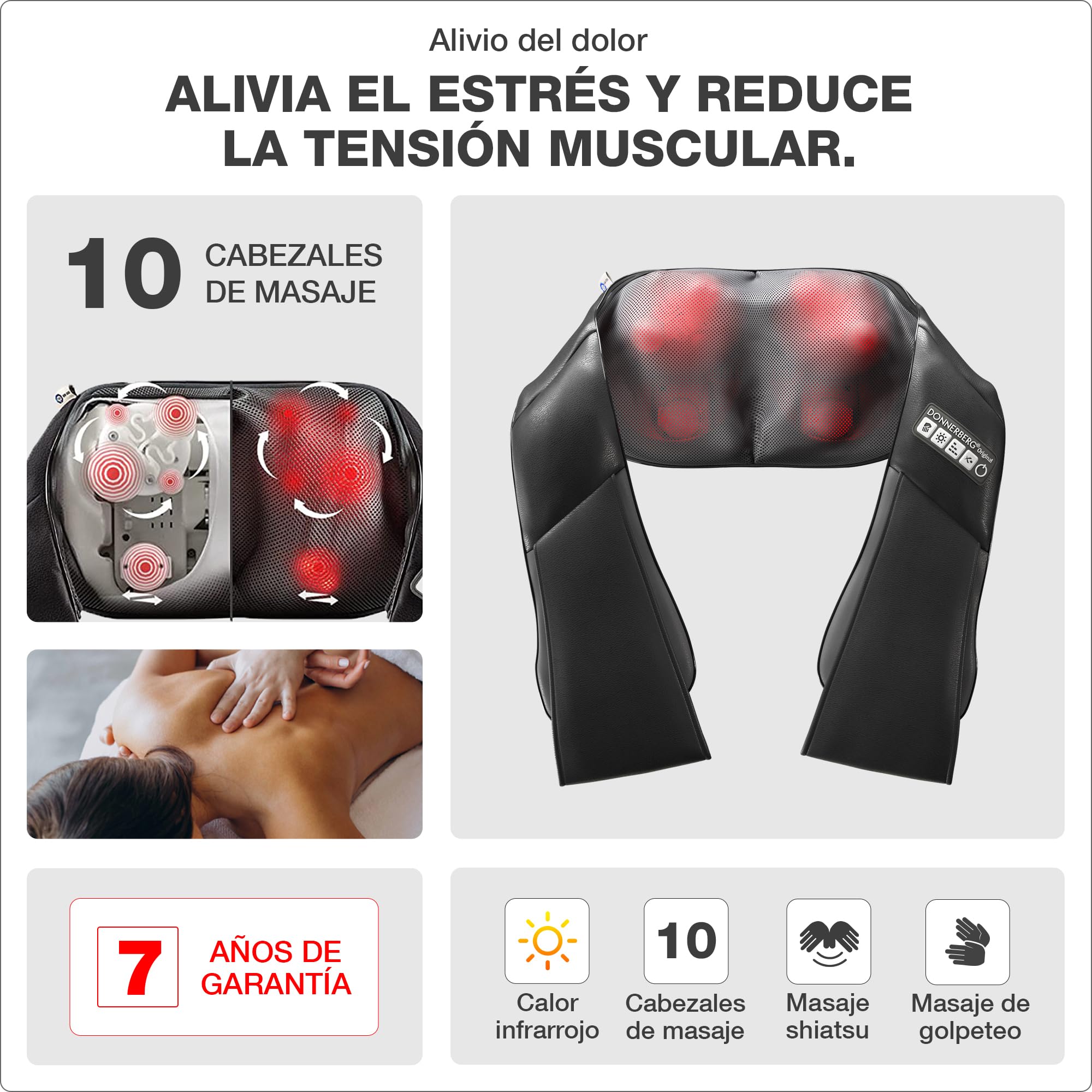 Donnerberg® Masajeador Cervical y Espalda Shiatsu Tapping Calor Infrarrojo 7 AÑOS GARANTÍA