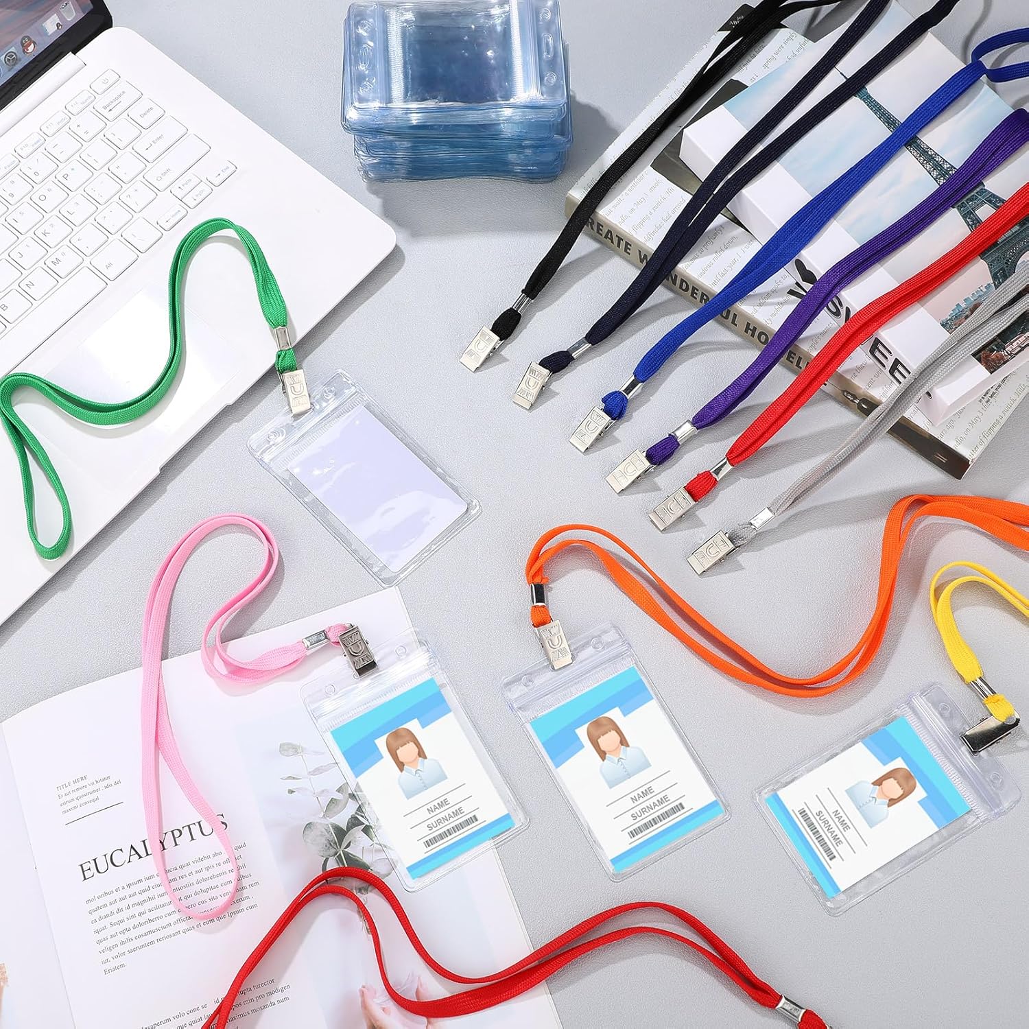 Ctosree 300 Pcs Name Tag Lanyards with ID Badge Holder Bulk Vertical Clear ID Card Holders Waterproof Plastic Name Tag Holders for Office Student Teacher Men Women Nurse(Multicolored)