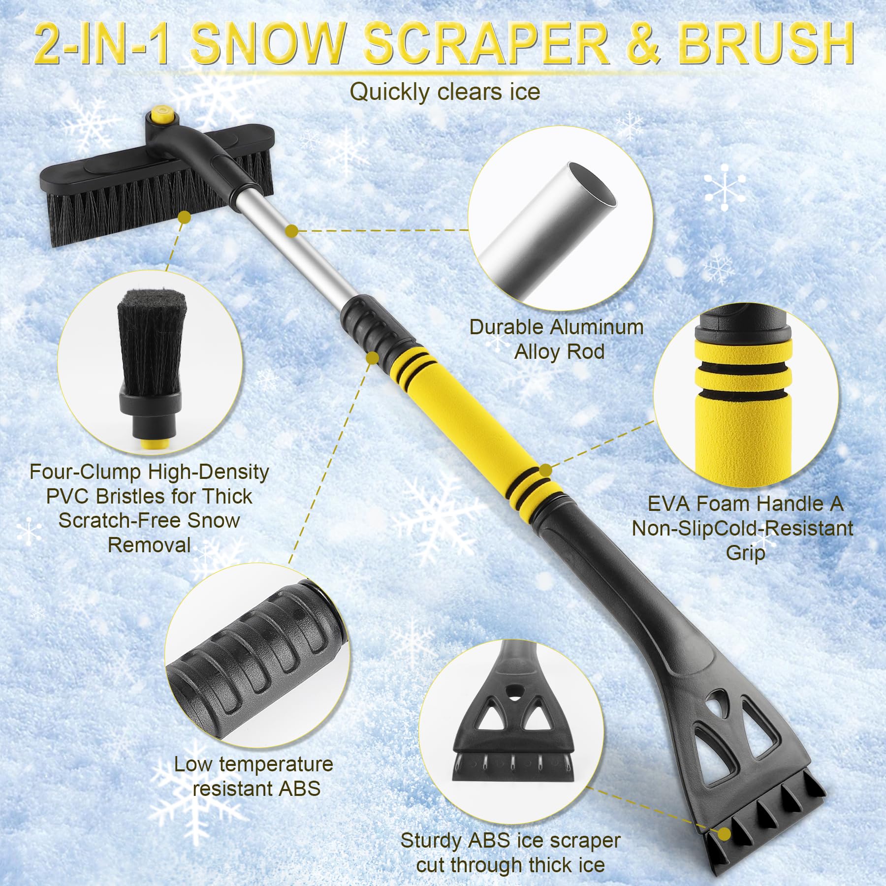LivTee Rascador de hielo y cepillo de nieve para parabrisas de automóvil, herramienta extensible de 32 pulgadas para quitar nieve con cepillo giratorio de 360°, accesorios exteriores de automóviles y