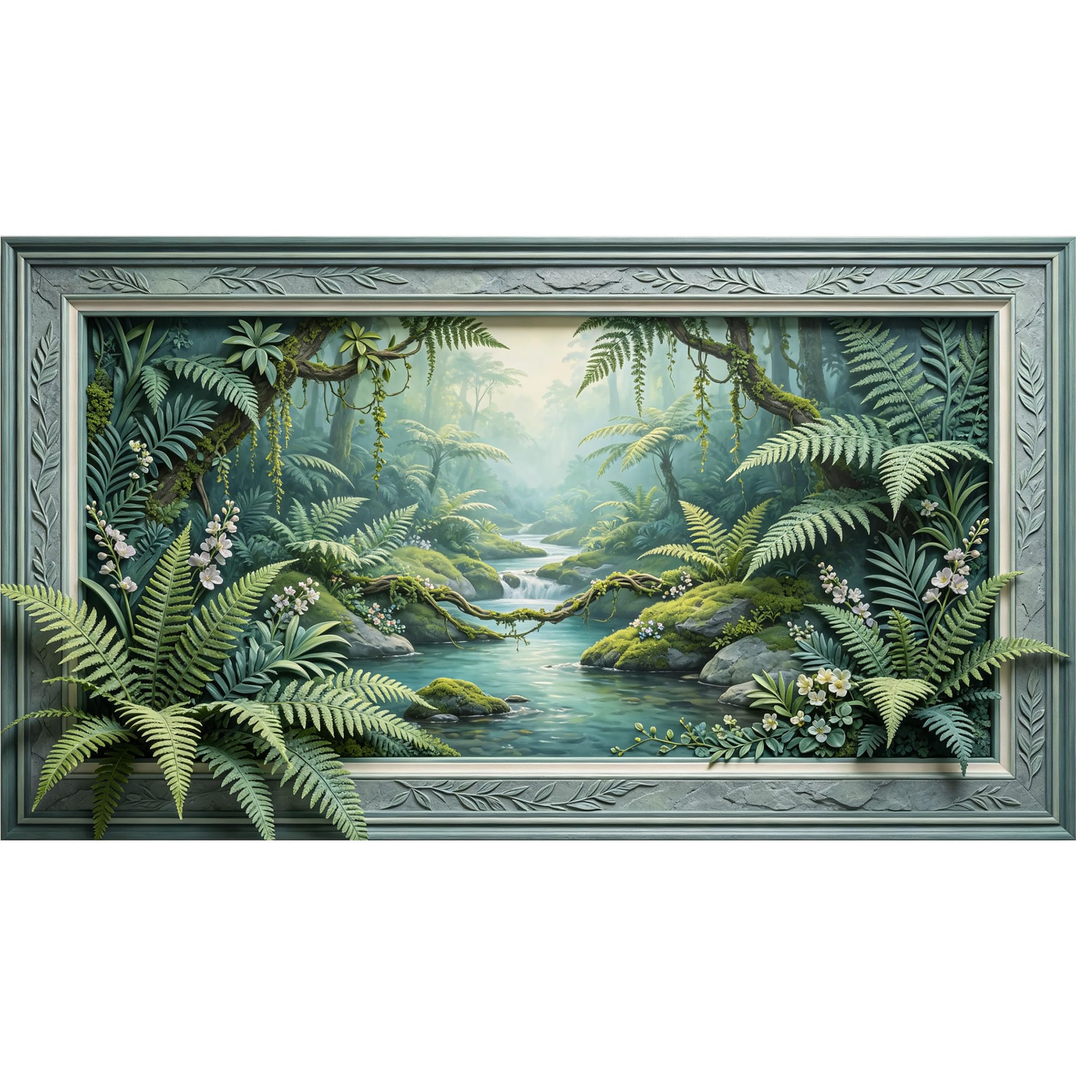 QZLITHOTIC 50×90cm3D Framed Wall Art， Tropical Rainforest River Botanical 3D Trompe L'oeil Self?Adhesive Mural， Water?Activated Peel & Stick Fabric Decor Wall Decal for Bedroom Living Room