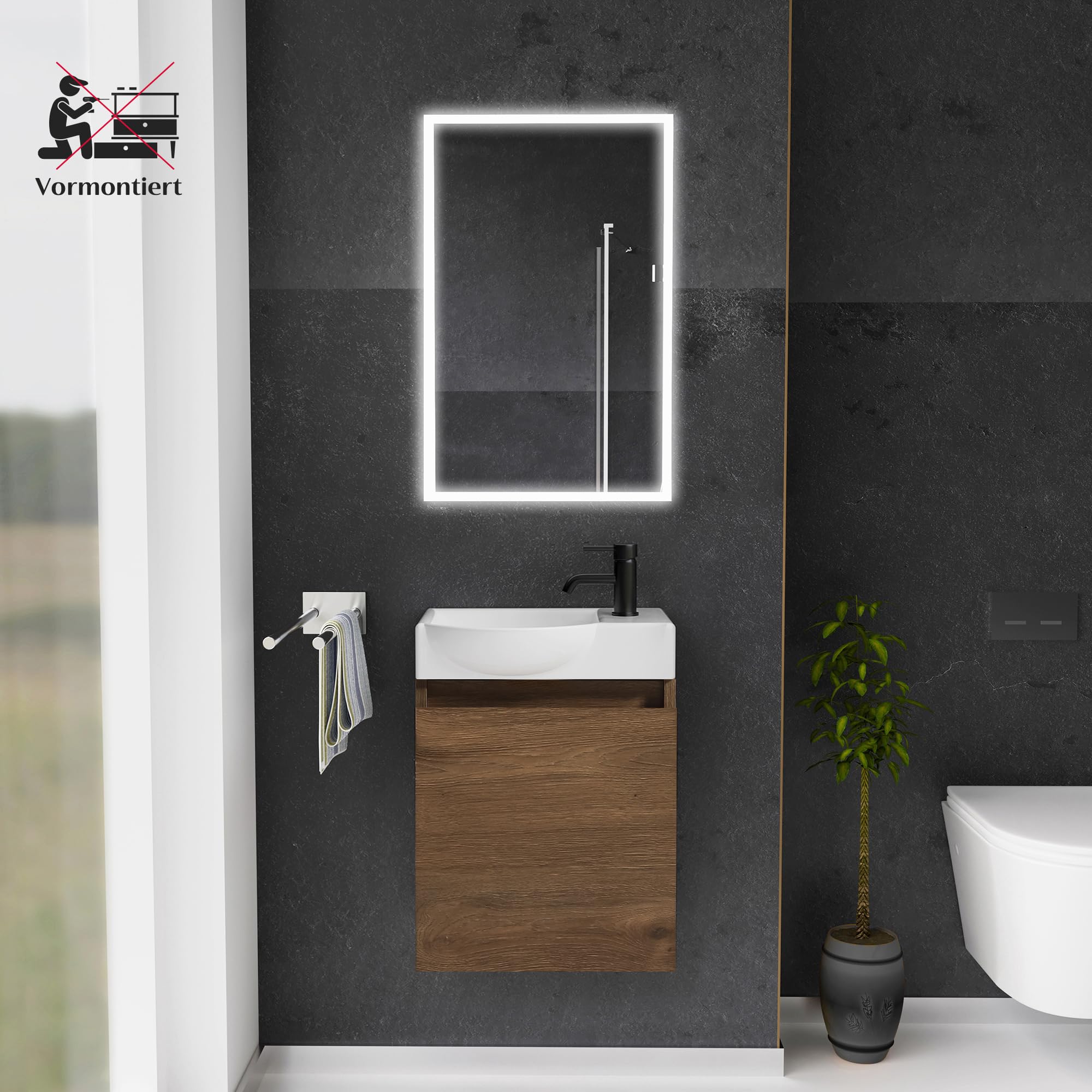 Alpenberger Gäste WC Waschbecken mit Unterschrank | Kleines Badmöbel 45 cm Breit | Waschtisch mit Waschbeckenunterschrank (Eiche, Waschbecken - Linke Seite)
