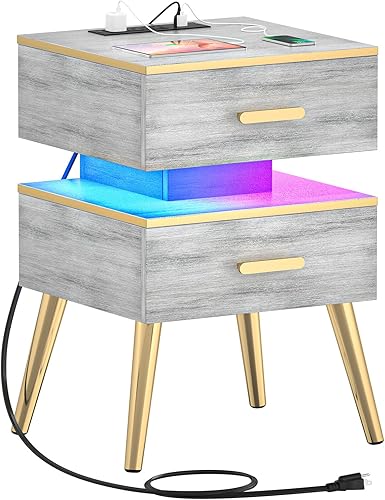 Night Stand with Charger Station & Drawers - Modern Nightstand with Charging Station & LED, Bed Side Table for Bedroom and Living Room, White Oak,
