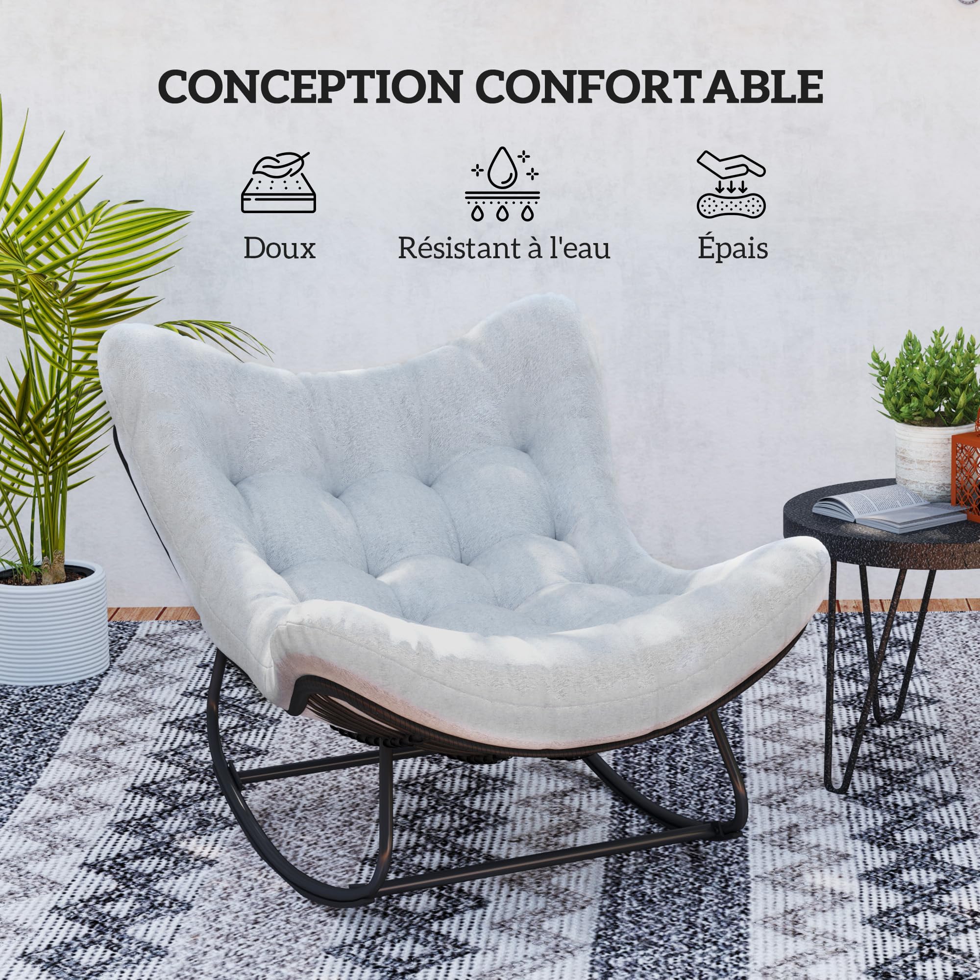 Outsunny Fauteuil à Bascule de Jardin, Chaise à Bascule en Forme d'œuf en résine tressée, Rocking Chair avec Coussin rembourré pour Jardin, Chambre à Coucher, Salon, Gris