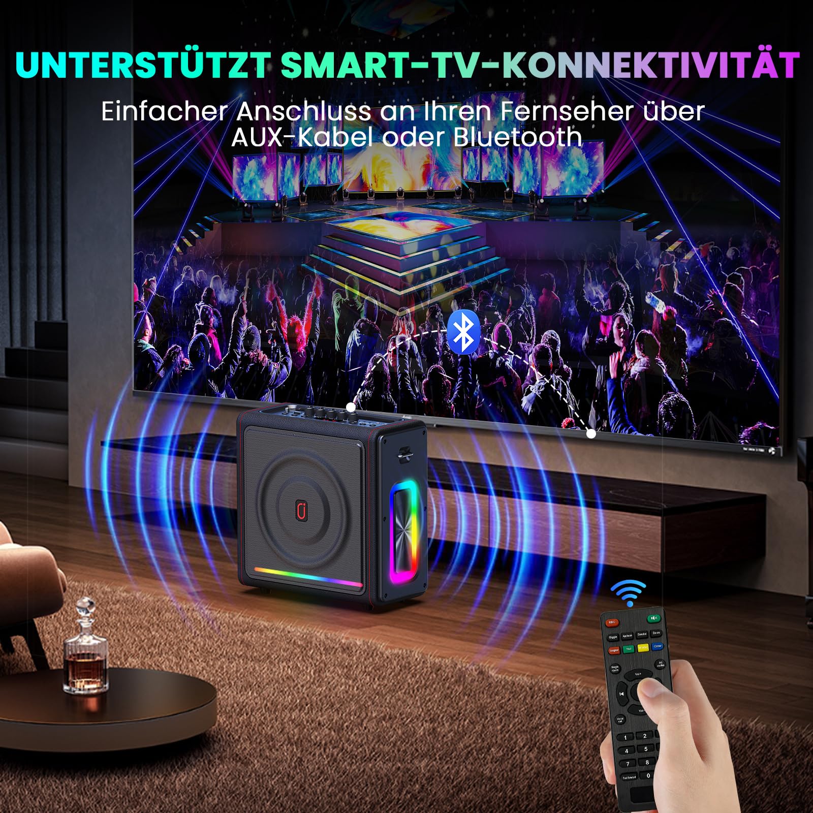 HWWR Karaoke Maschine mit 2 Mikrofone Tragbarer Bluetooth Lautsprecher mit Lichteffekte für Erwachsene/Kinder, Unterstützt TF/USB, FM, Rec, AUX in, TWS für Party