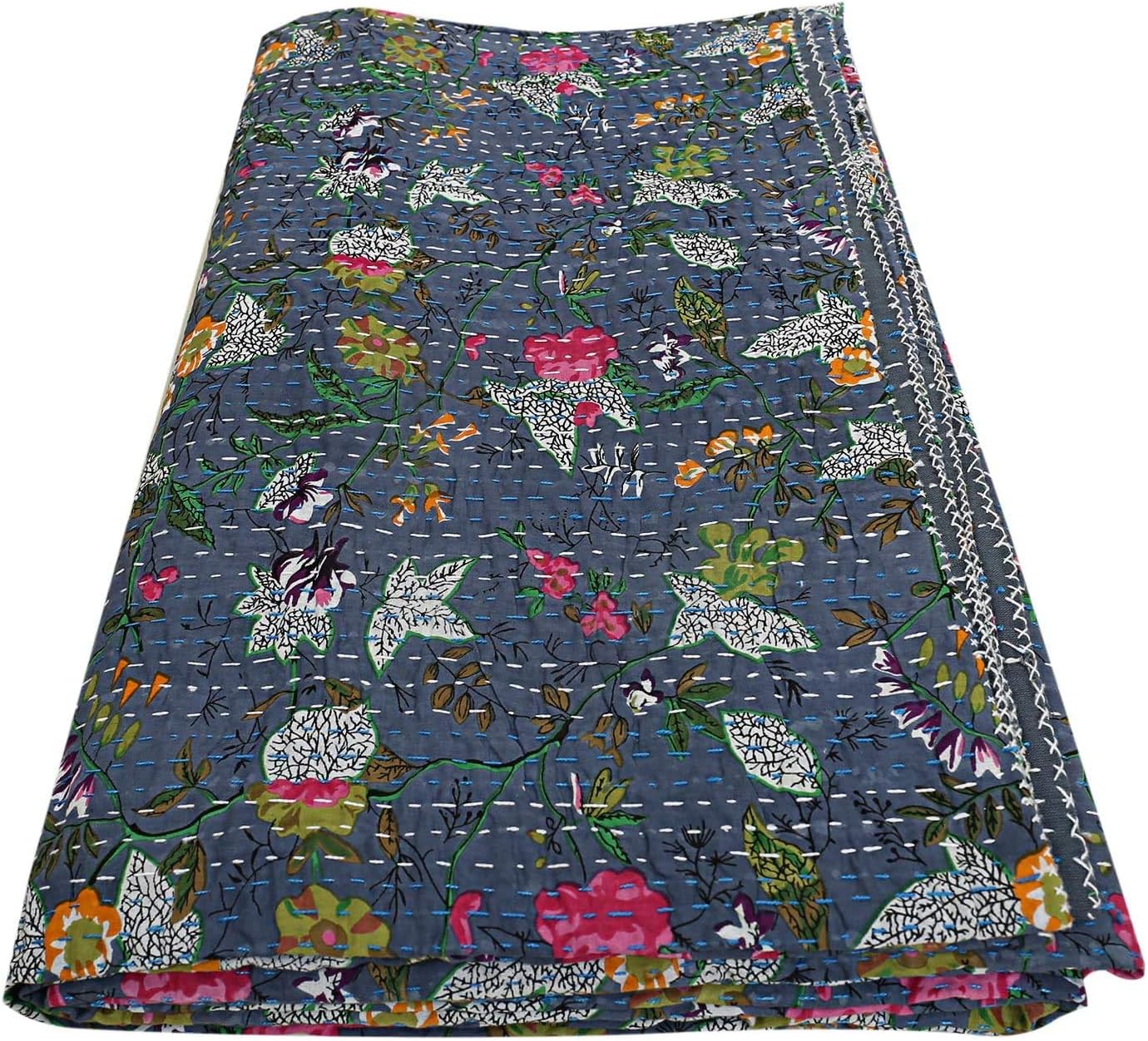 Indian Handmade Grey Paradise Floral Print Fabric Kantha Quilt Tribal Bed Cover Reversible Bedspread Blanket Coverlet 90x60 Inches