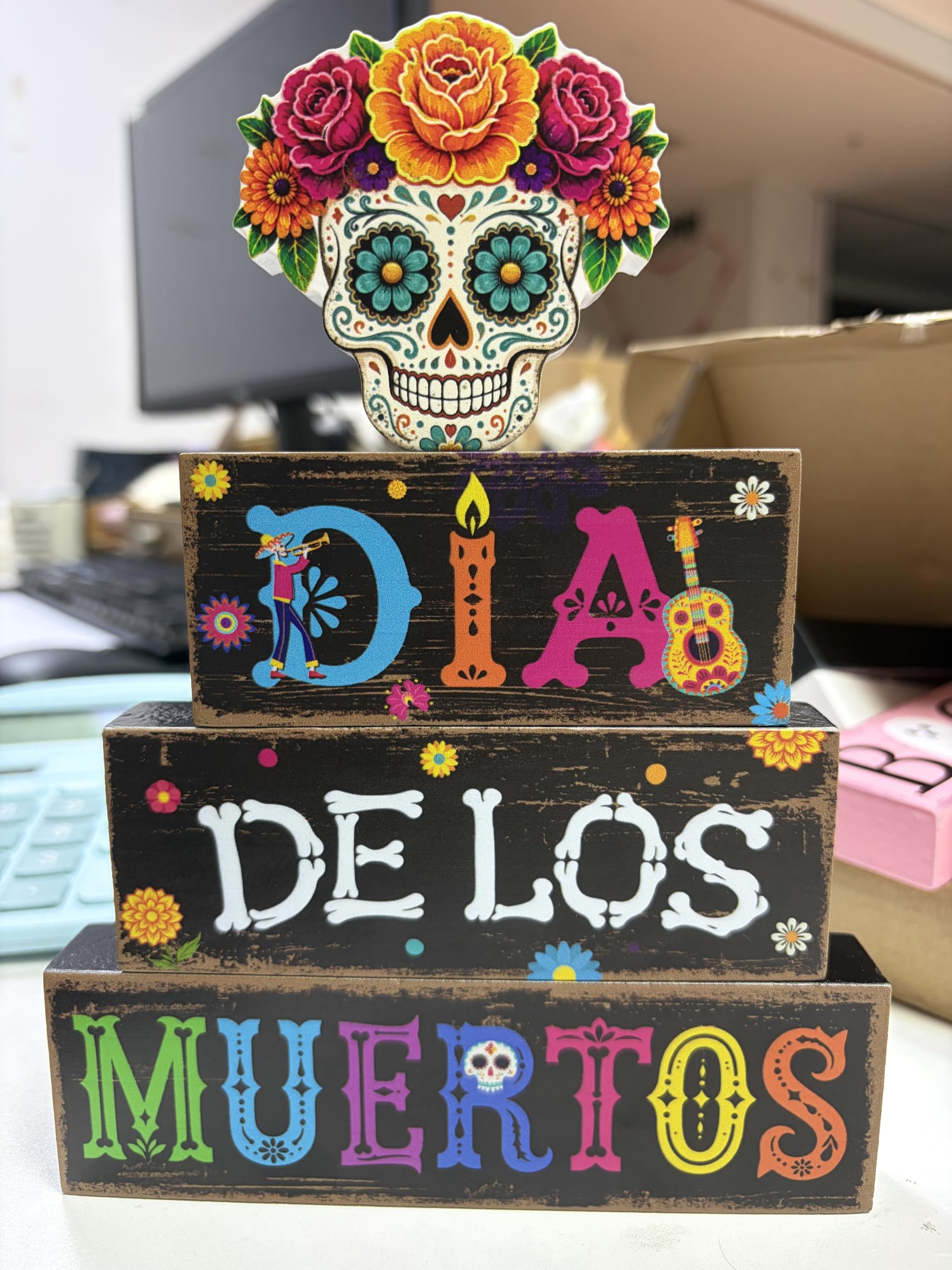 Decoración de mesa del Día de los Muertos, letreros de bandeja escalonada para el hogar
