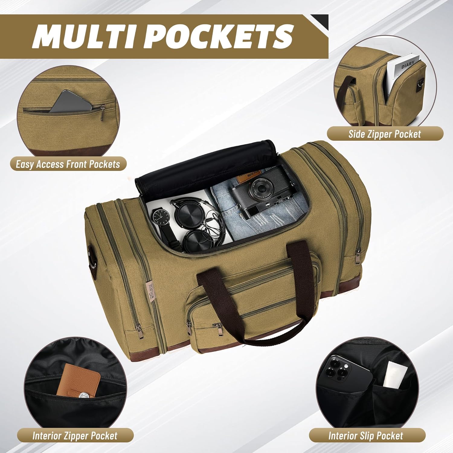 Wolhbege Duffle Bag for Travel,Mens Travel Bag & Carry On Bag for Men with Expandable Design and Luggage Sleeve –Duffel Bag for Gym, Weekender,Canvas,Overnight Trips Khaki - Image 5