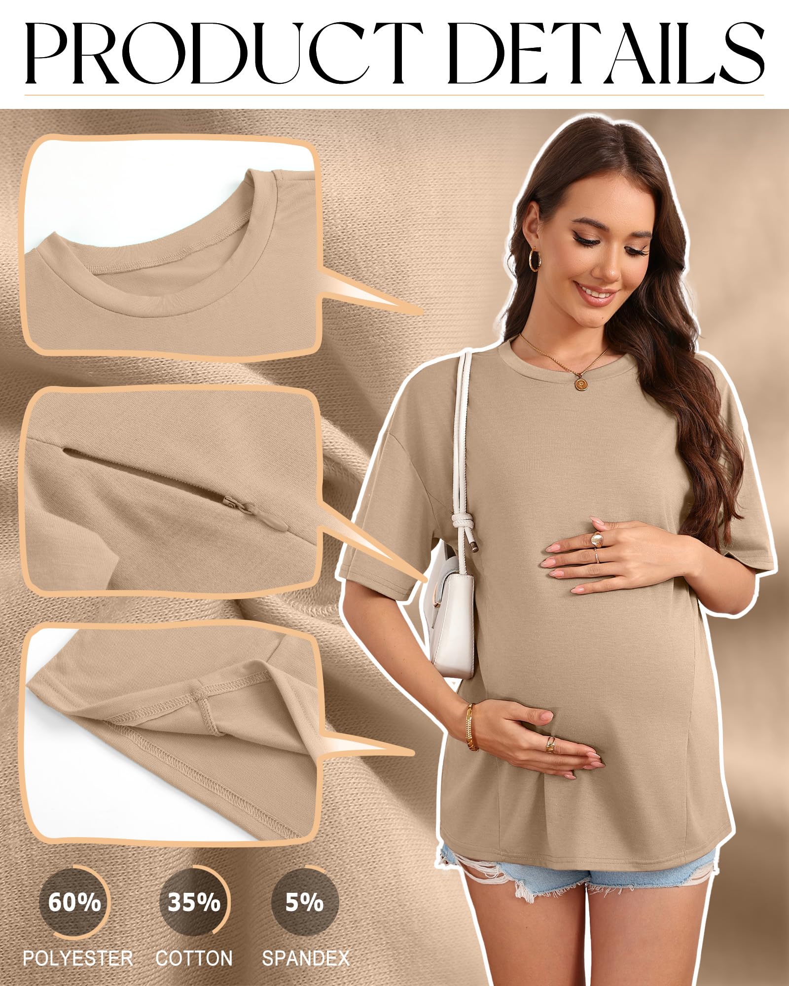 Xuniea Pack de 3 Camisetas de Lactancia Maternidad para Mujer Oversize Manga Corta Cremallera Oculta Corte Holgado