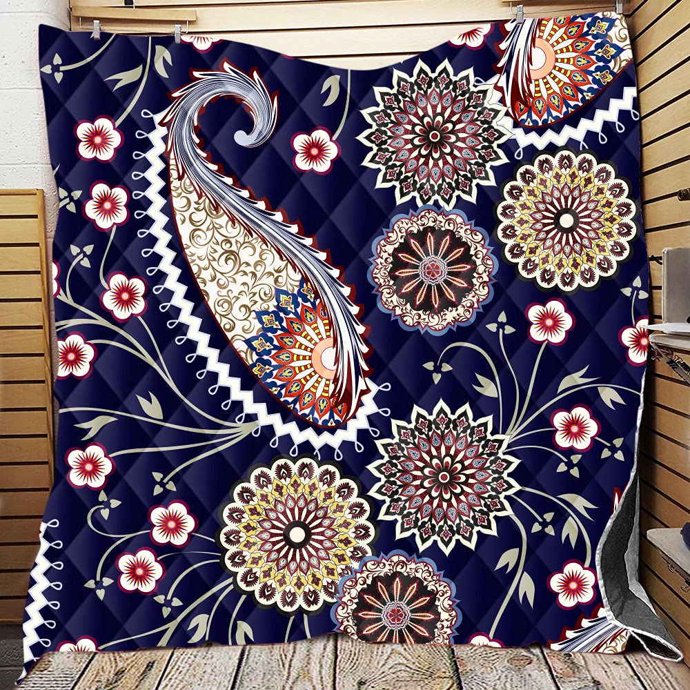 Chickwin Exotic Quilted Bedspread Single Double King Size, Coverlets Lightweight Microfiber Comforter Easy Care Sofa Blanket Throw for All Season (Navy Paisley,226x280cm)