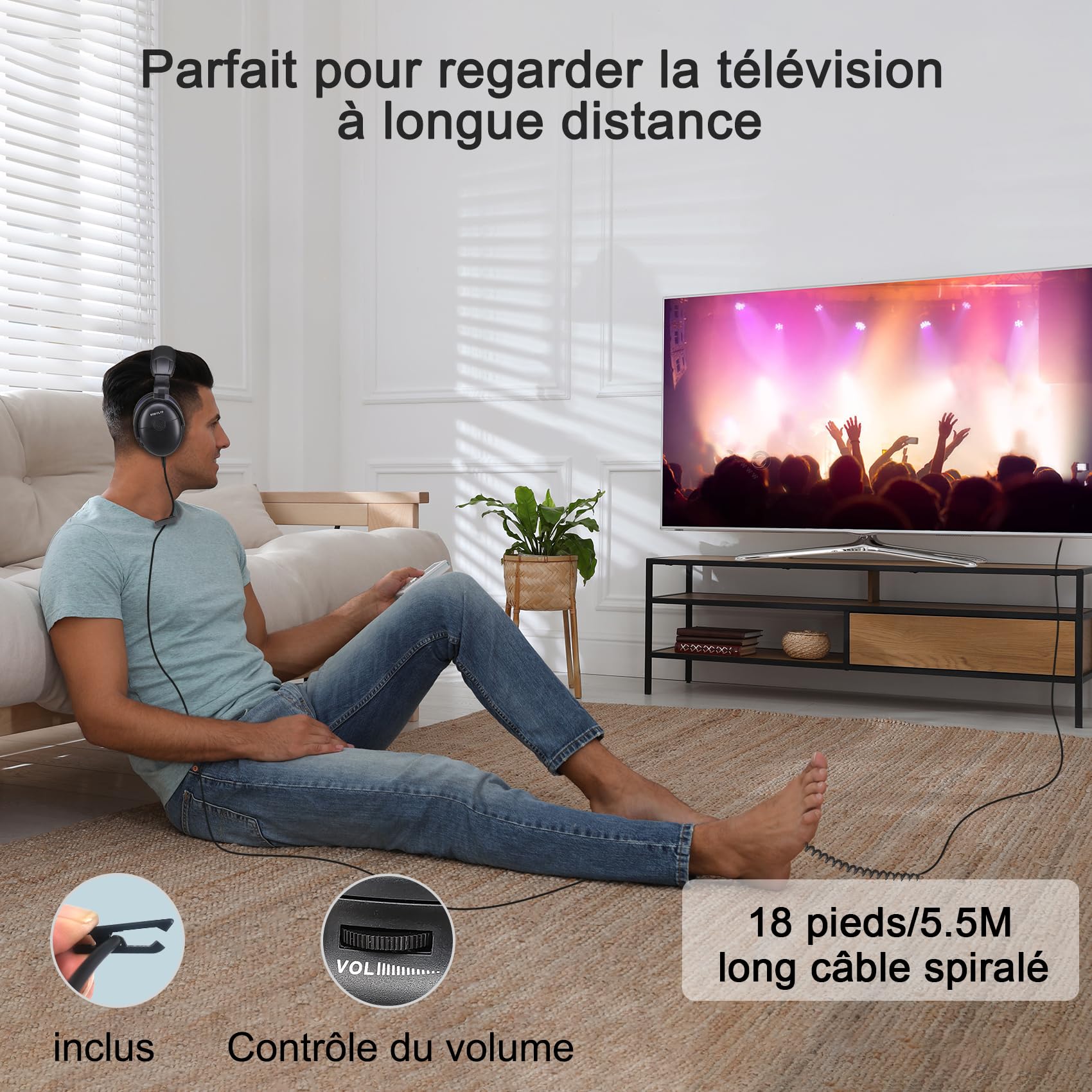 SIMOLIO Casque Circum Auriculaire Filaire pour TV, Son Amplifié,Long Cordon | Dialogues Clairs, Micro, Câble Spiralé Long 5,5 m, Casque TV avec Fil pour Seniors avec Réglage Volume & Clip, Autonomie 40 h
