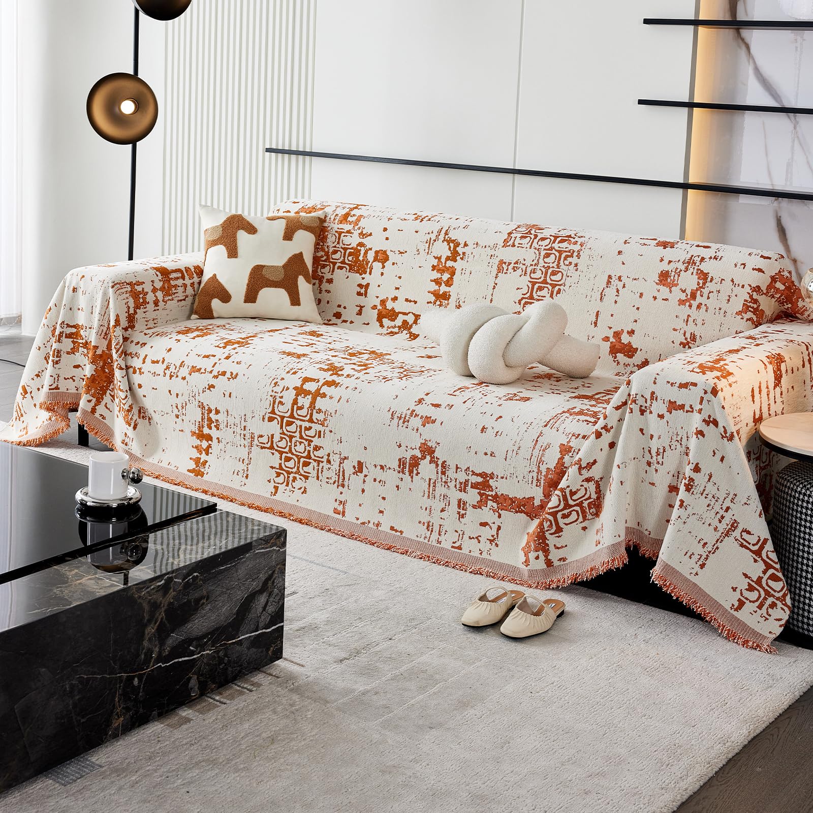 Funda Sofa, Cubre Sofas Reversible de Estilo Clásico,Four Seasons, Colcha Multiusos para Sofá, Manta de Sofá Resistente a Arañazos de Gato 180 * 420cm-Naranja