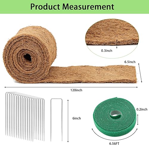 Miniatura 2 de Rollo de mantillo grueso para paisajismo, tapete de fibra de coco de 120 x 6.5 pulgadas con 16 estacas de acero en forma de U y cinta de lazos de