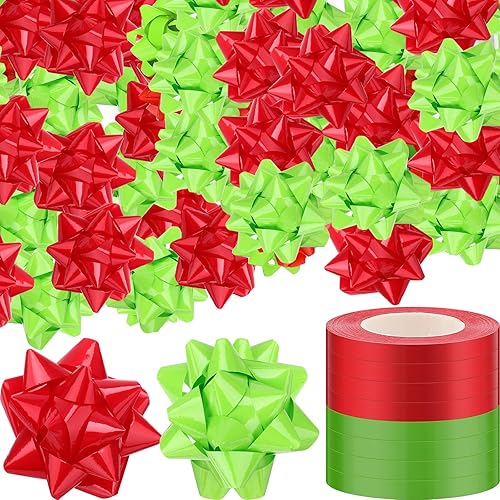 Riceshoot 48 lazos de regalo autoadhesivos de Navidad con 8 rollos de cintas rizadoras de 3 pulgadas, lazos metálicos de Navidad para regalo de