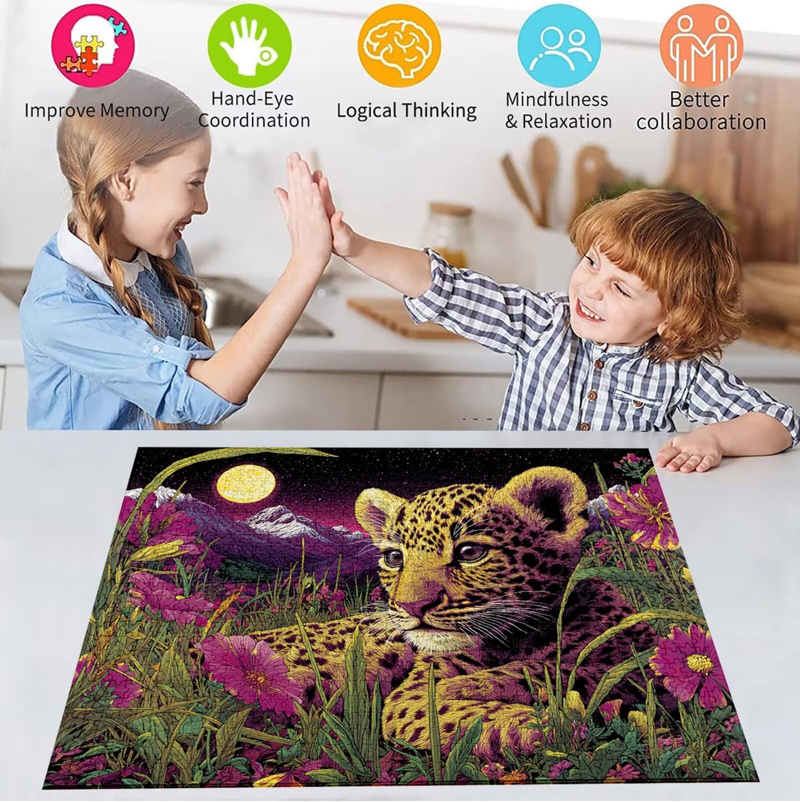 Puzzle 2000 Pezzi, 3 4 5 Anni Puzzle Leopardo 6 7 8 Anni Giochi Educativi Sostenibili Con Motivi Per Adulti Da Gioco in Legno Di Alta Qualità Jigsaw Fiore per Gioco Familiare, Regalo Natale H-4577