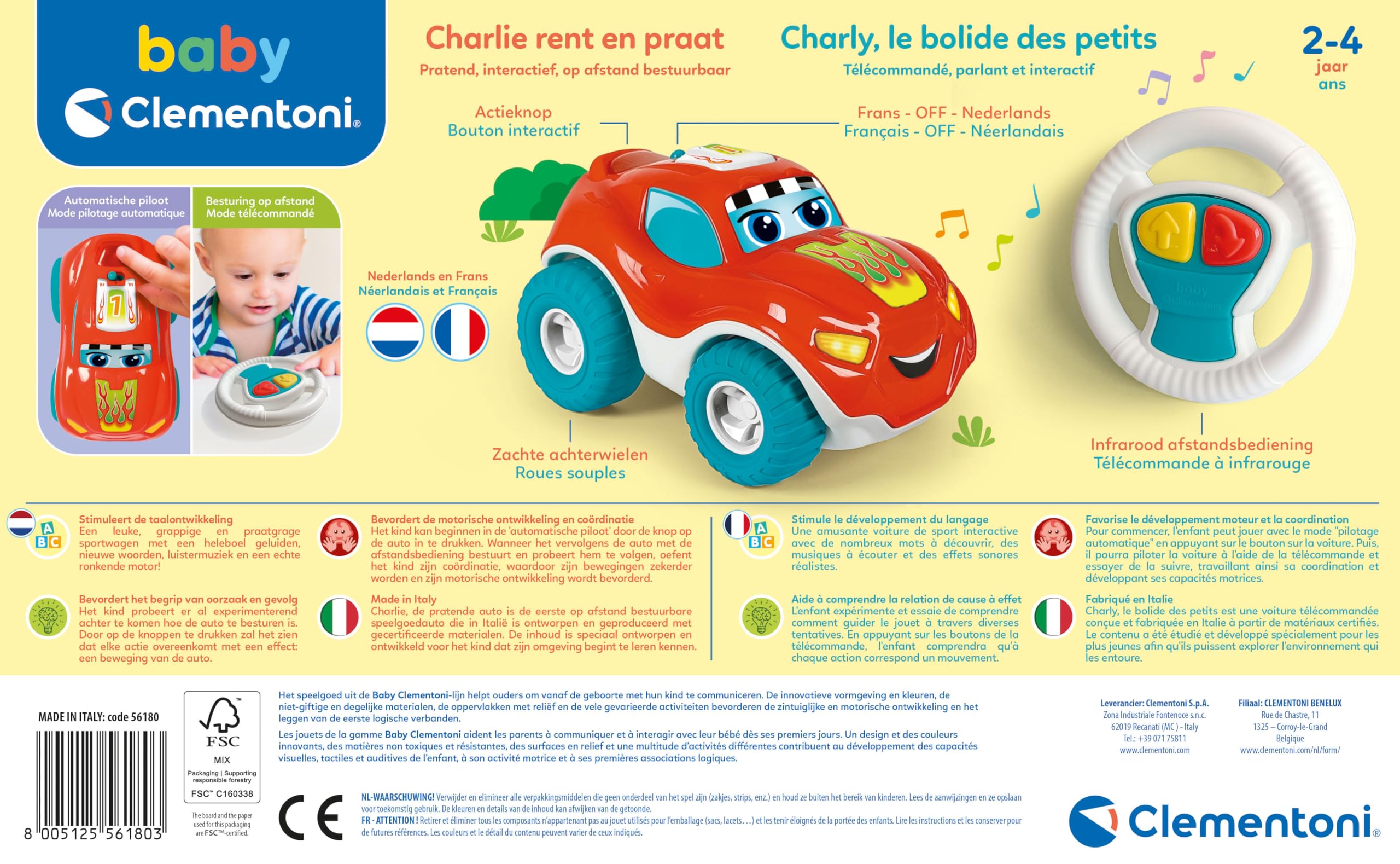 Clementoni - 56180 - Charlie Rent and Talk - Coche RC con Control Remoto con Baterías (Idioma francés, Lengua Holandesa), Juguetes para niños, 12-36 Meses