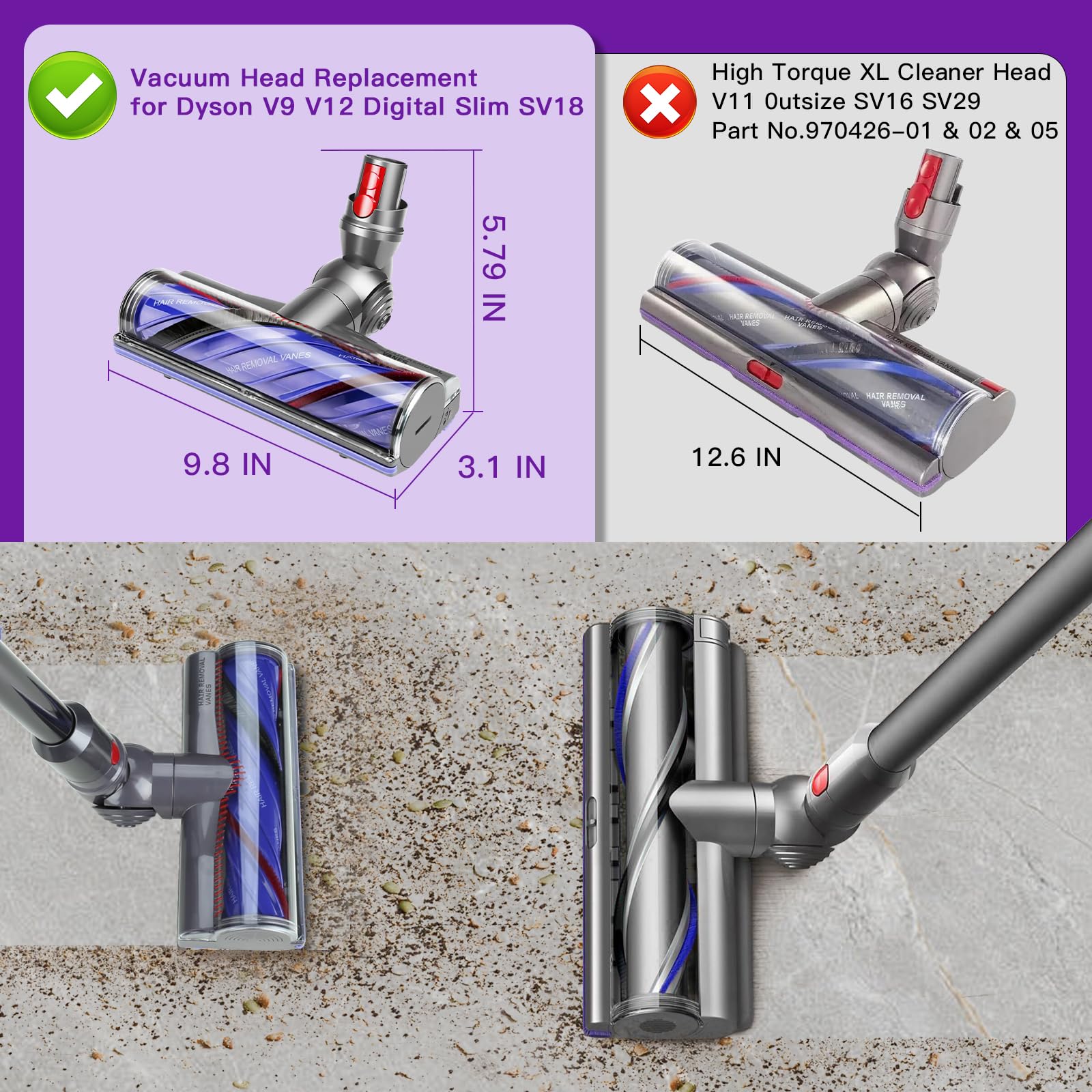 Lemige V9 V12 - Cabezal de aspiradora de repuesto para Dyson V9 V12 Digital Slim | Upgrade V9 Motorbar V12 Detect Slim SV18 - Accesorios para aspiradora inalámbrica de liberación rápida Motorhead antienredos