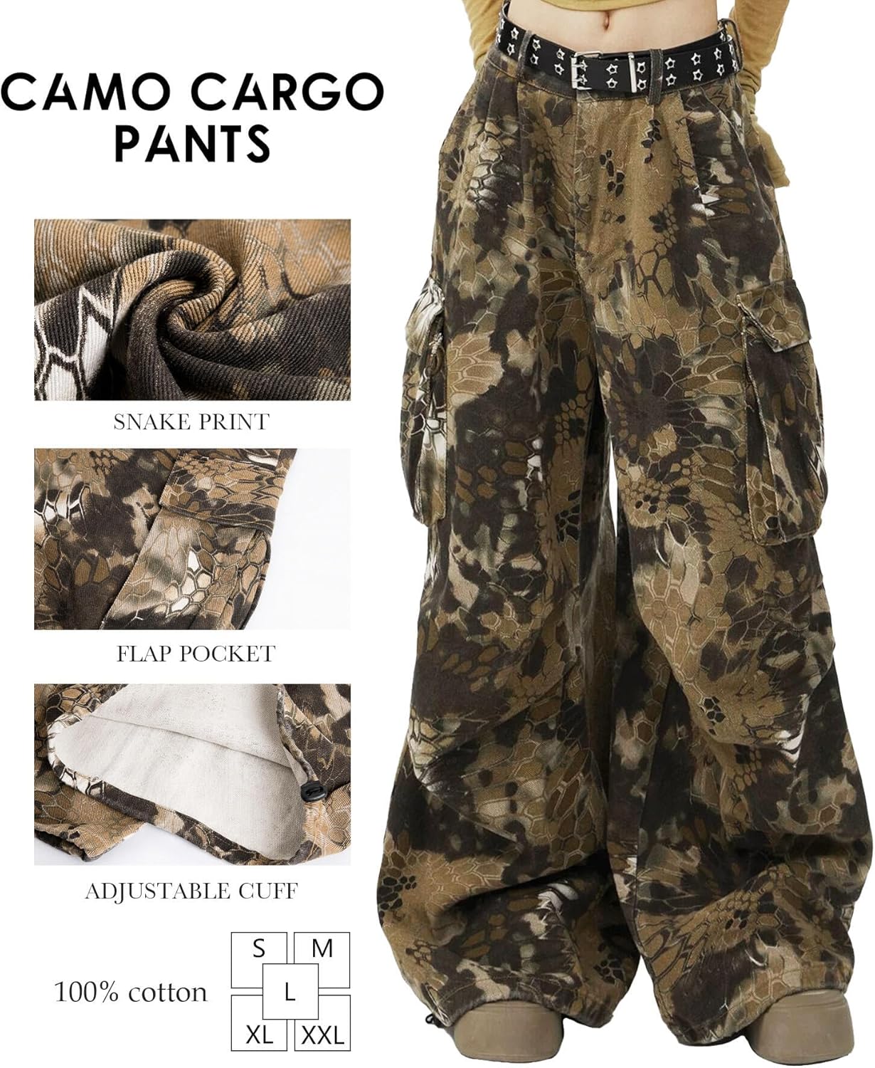 Bakyarder Women's Vintage Camo Snake Print Cargo Jeans Loose Fit Hip Hop Wide Leg Denim Streetwear Pants - Image 4