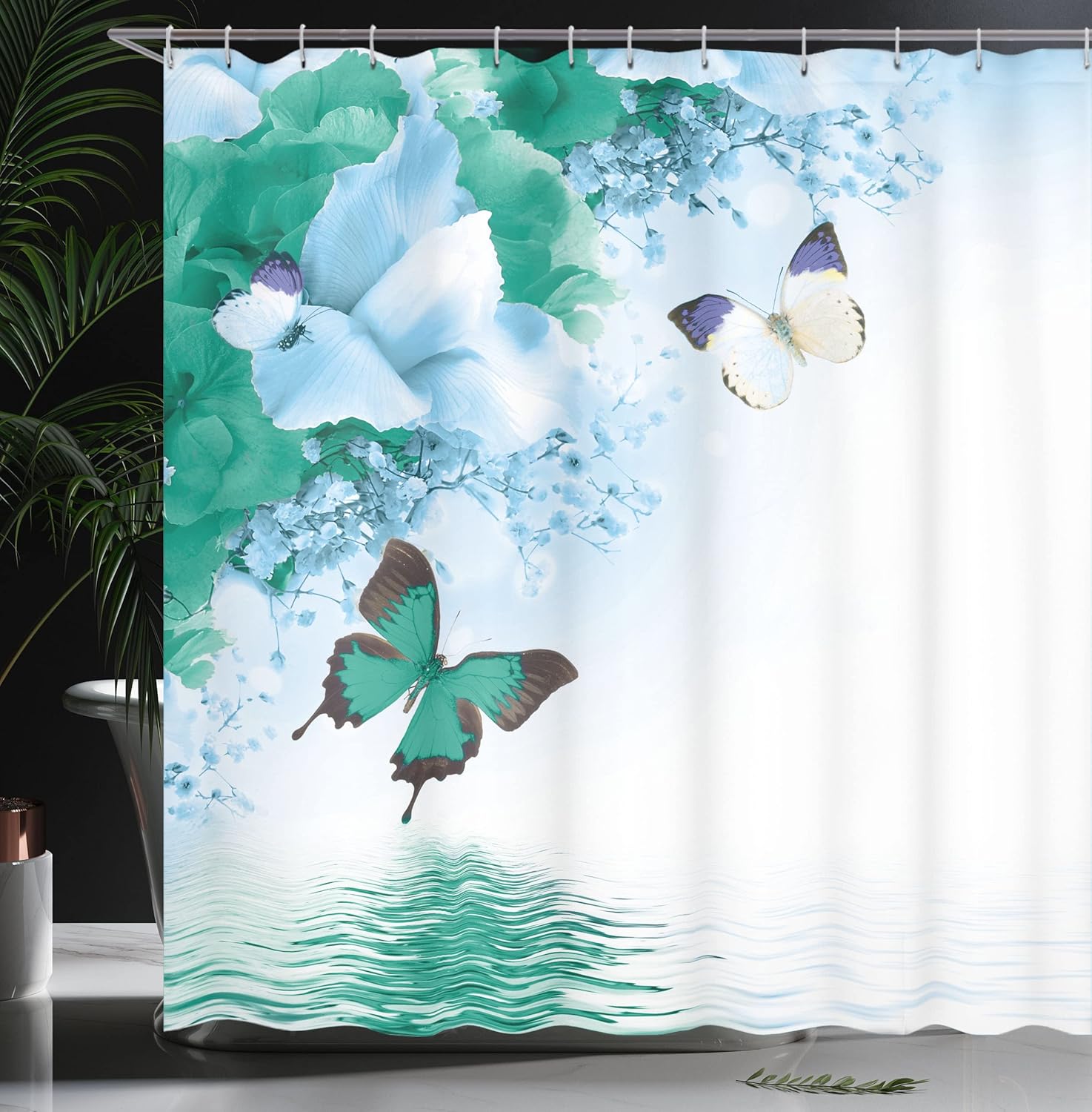 Ambesonne Floral Shower Curtain, Nature Theme Wild Flowers Monarch Flying Butterflies Lily on Lake Therapy Spa, Cloth Fabric Bathroom Decor Set with Hooks, 69" W x 70" L, Almond Green