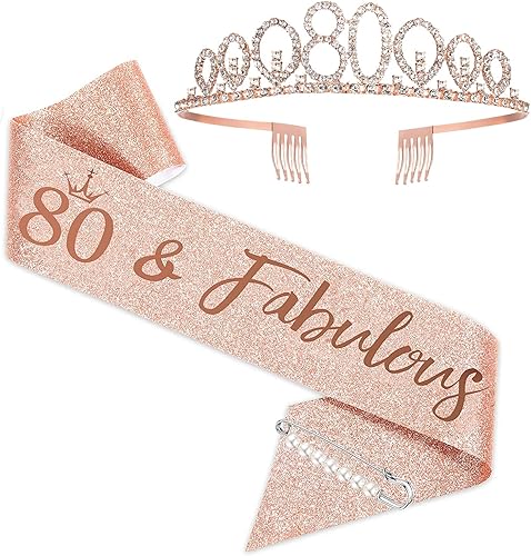 Tiara y banda de cumpleaños de oro rosa para mujer, fabuloso recuerdo de fiesta de cumpleaños número 80