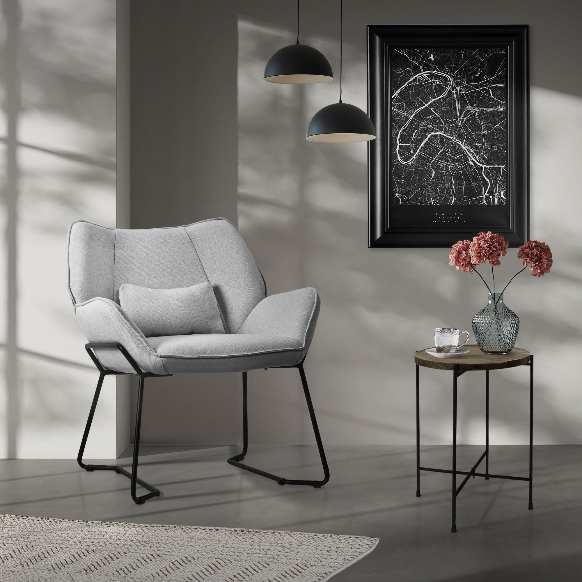 ML-Design Fotel wypoczynkowy w kolorze jasnoszarym rozkładany z lnianą tapicerką i czarnymi metalowymi nogami Wygodny fotel do salonu z podłokietnikami oparciem tapicerowany z ergonomiczna poduszką