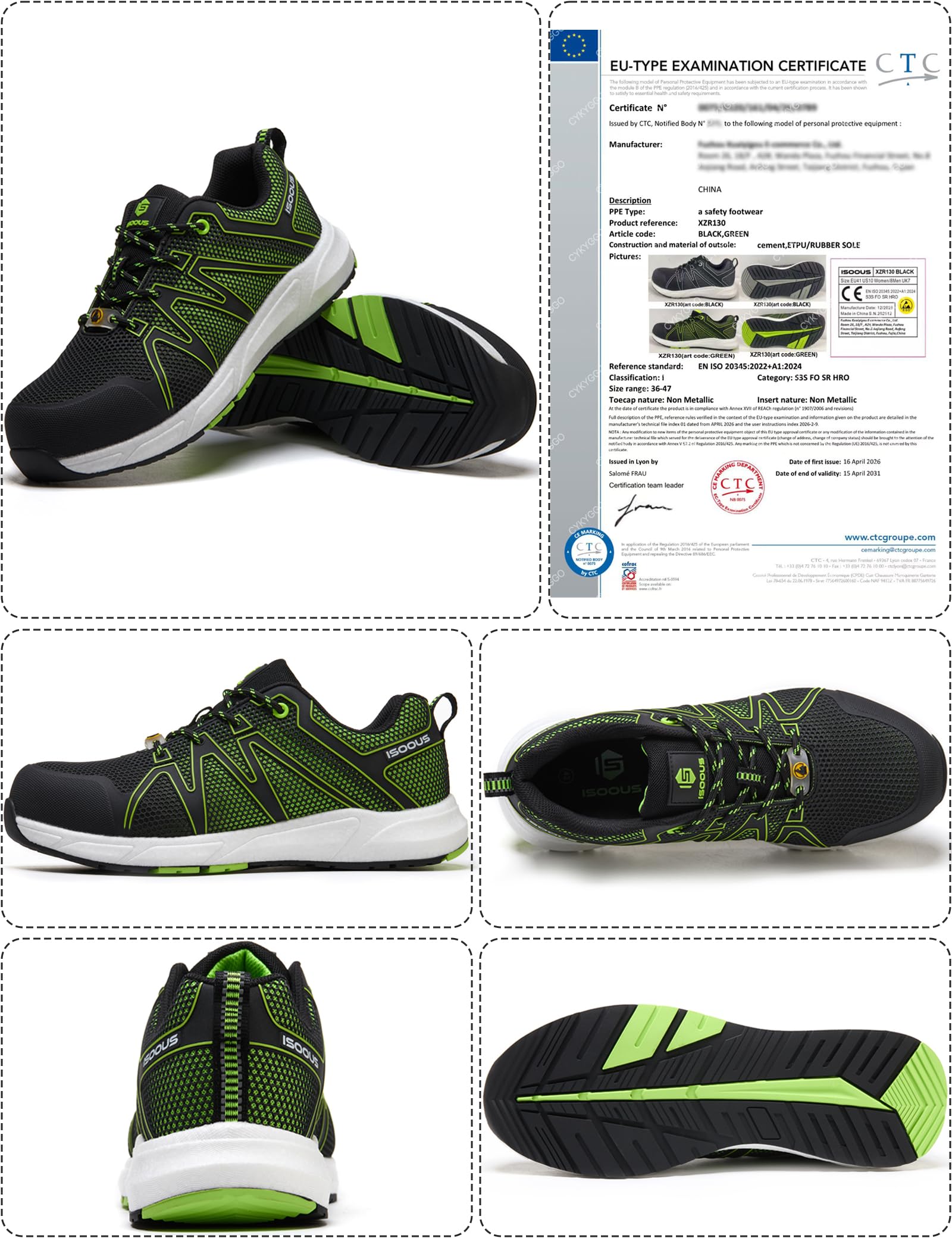 Chaussures de Sécurité Hommes S3S Basket de Securite Femme Imperméable SRC FO ESD Légère Embout en Fibre de Verre