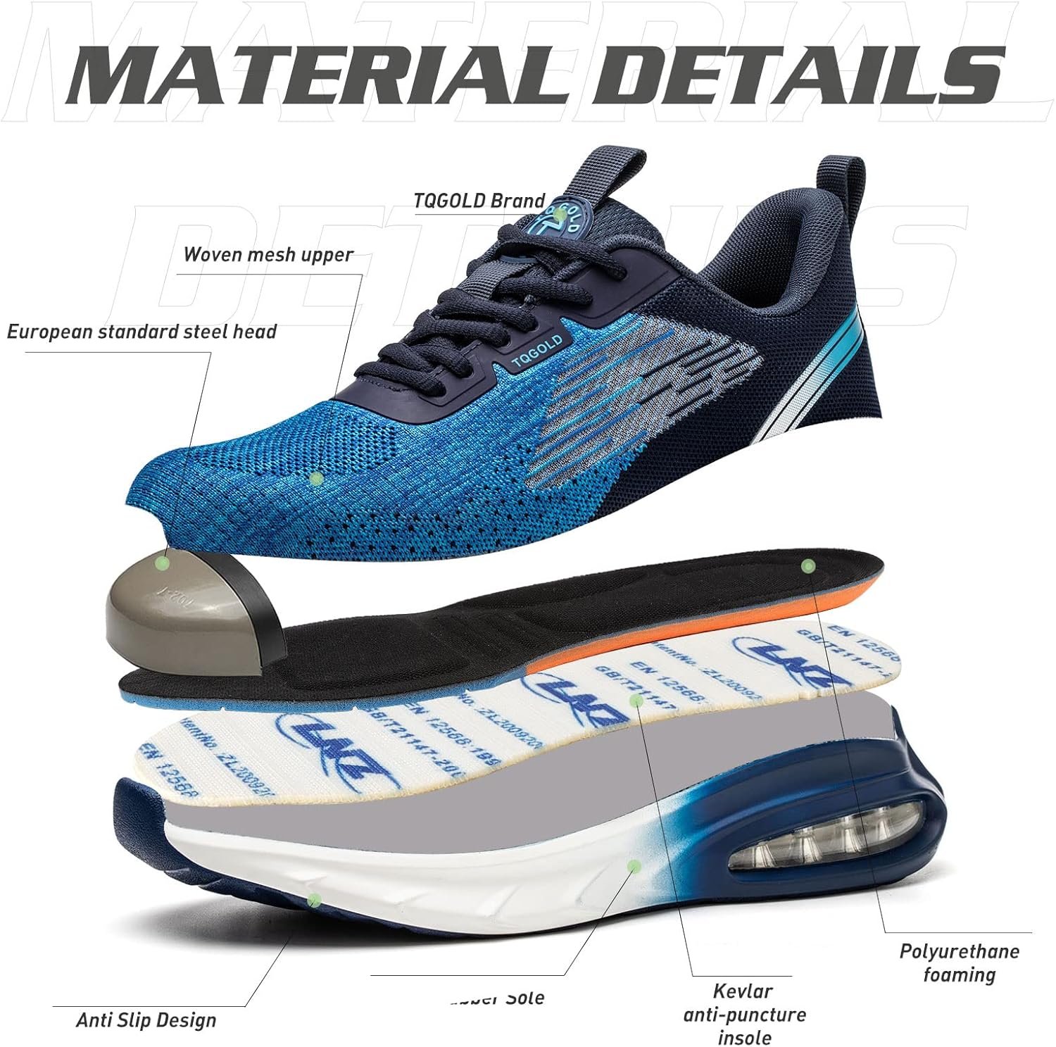 AONEGOLD Mens Womens Safety Shoes Steel Toe Working Lightweight Breathable Industrial Construction Sneaker Blue 37 - Image 3