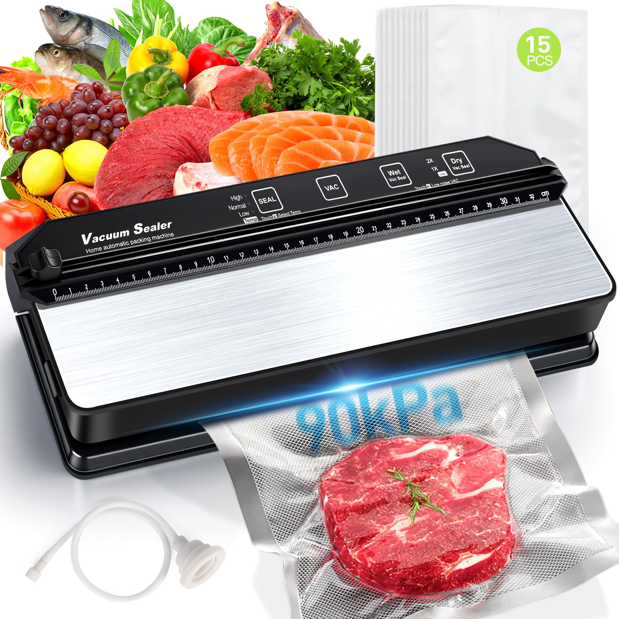 DeeprBetter Domestica Envasadora al Vacío Alimentos, 90kPa con Doble Bomba | Embasadoras Vacio Alimentos Secos&Húmedos, Todo en 1 Maquina Envasar al Vacio Alimentos con 13mm Sellado Ampliado, 15 Bolsas