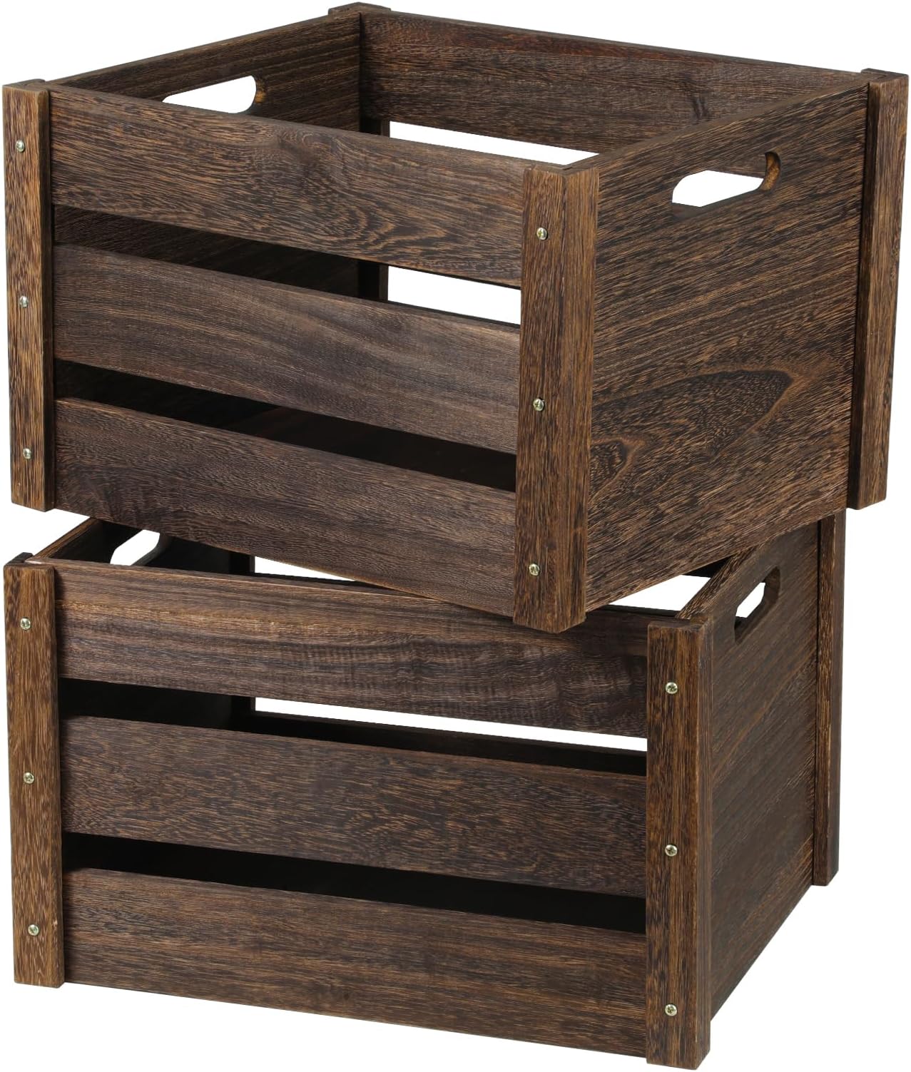 Wooden Crates 2 Pack, Rustic Handmade Wood Crate with Handles, Durable Large Wooden Crates for Display & Decor, Brown