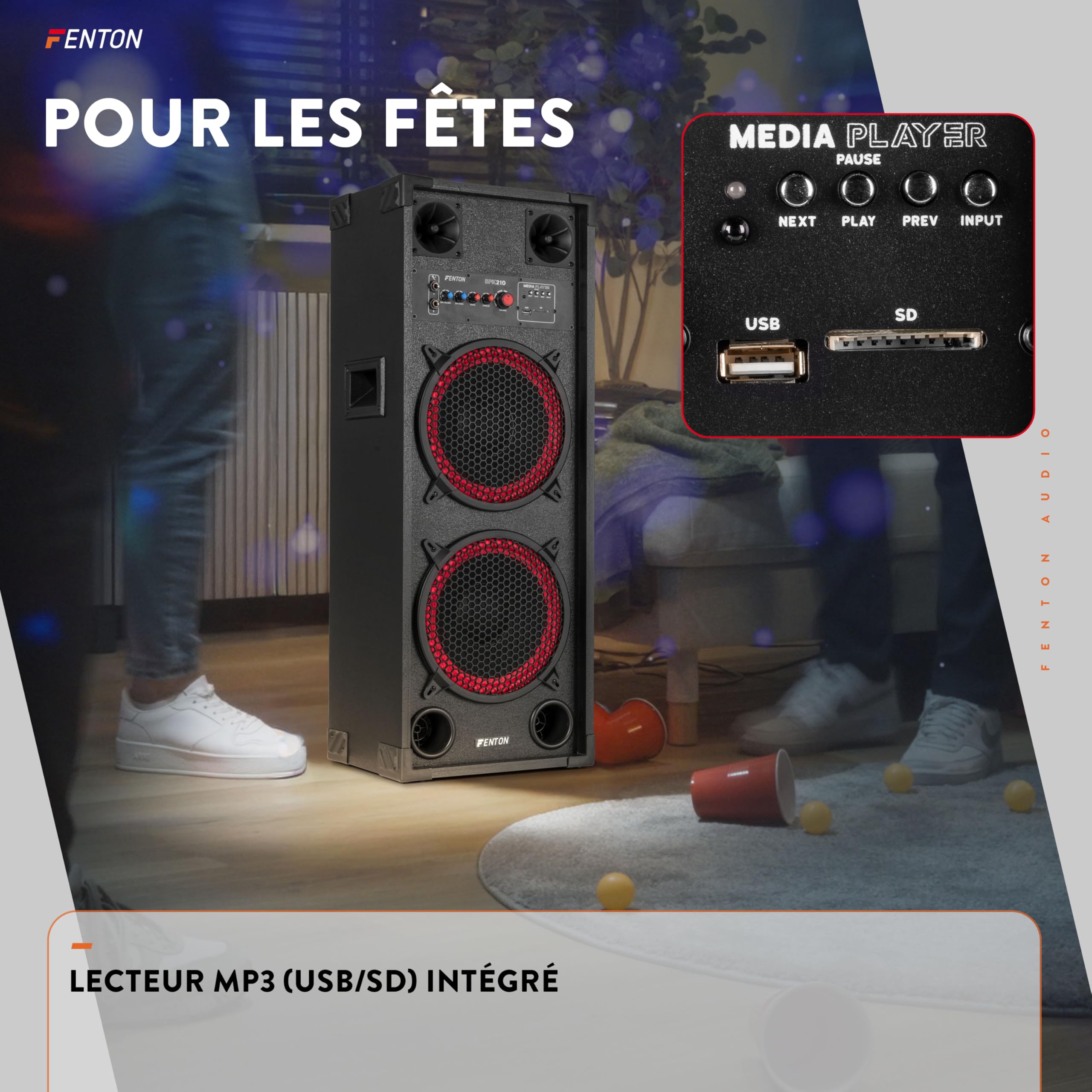 Fenton SPK-210 - Pack d’Enceintes Actives PA 1200 W (2×10″) - BT sans Fil, USB/SD, entrées micros - Système Sono idéal soirées, DJ, karaoké