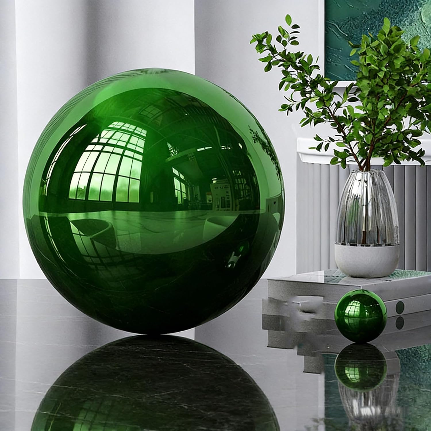 1 Pcs Stainless Steel Gazing Globe Ball, Hollow Mirror Globe Floating Reflective Ball Polished Shiny Sphere for Home Garden Pond Outdoor Swimming Pool Decoration Green(Size:13.77 in/35 cm)