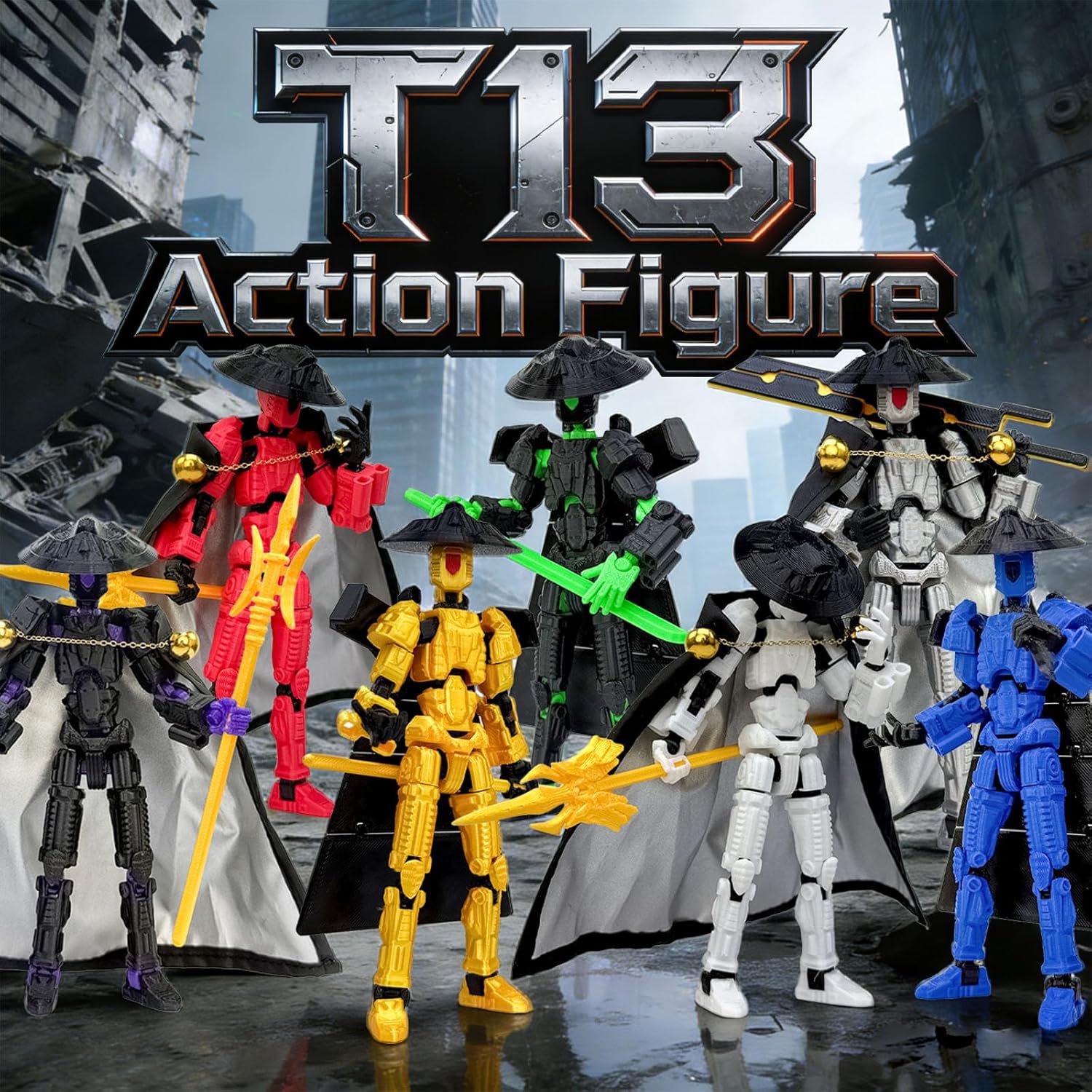 T13 3D Printed Action Figure Set – 2PCS Fully Assembled Multi-Jointed Robot Toys with Accessories, Poseable Movable Figures for Stop Motion Animation, Desktop Decor, Collectors Gift