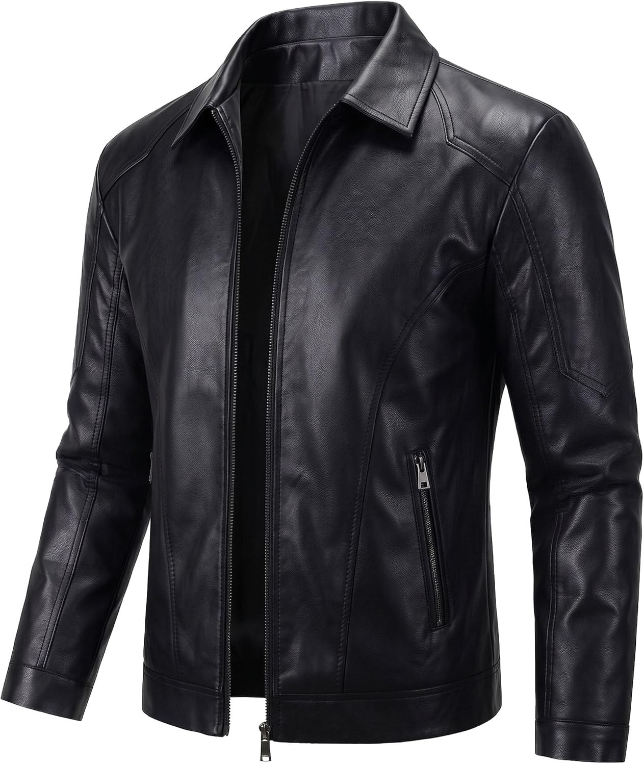 Leather Jacket Men Black Mens Faux Leather Jacket Motorcycle Biker Coat with Turn-Down Collar Zip-Up Casual Outwear