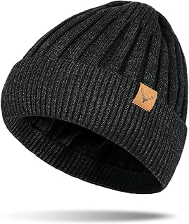 Beanie Hat Mens - Winter Thermal Hats with Fleece Lined Skullies & Beanies Warm Soft Stretchable Knitted Cuffed Skull Caps Hats for Men Outdoor UK