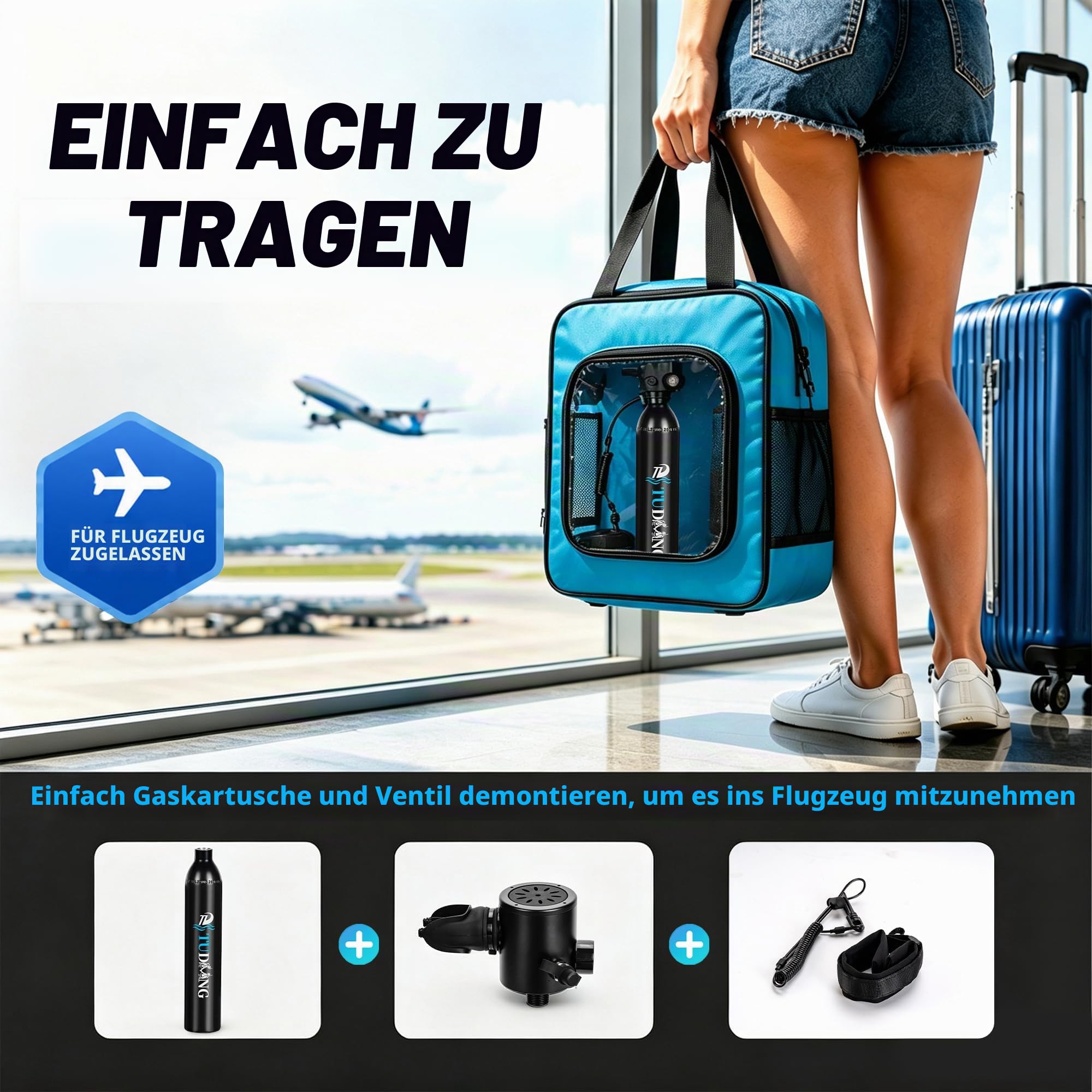 TUDIVING-0,5-l-Tauchflasche, Wiederverwendbare tragbare Mini-Sauerstoffflasche, Tauchausrüstung unterstützt 5-10 Minuten Unterwasser-Atmungstauchflasche (S300PLUS A1-Black)