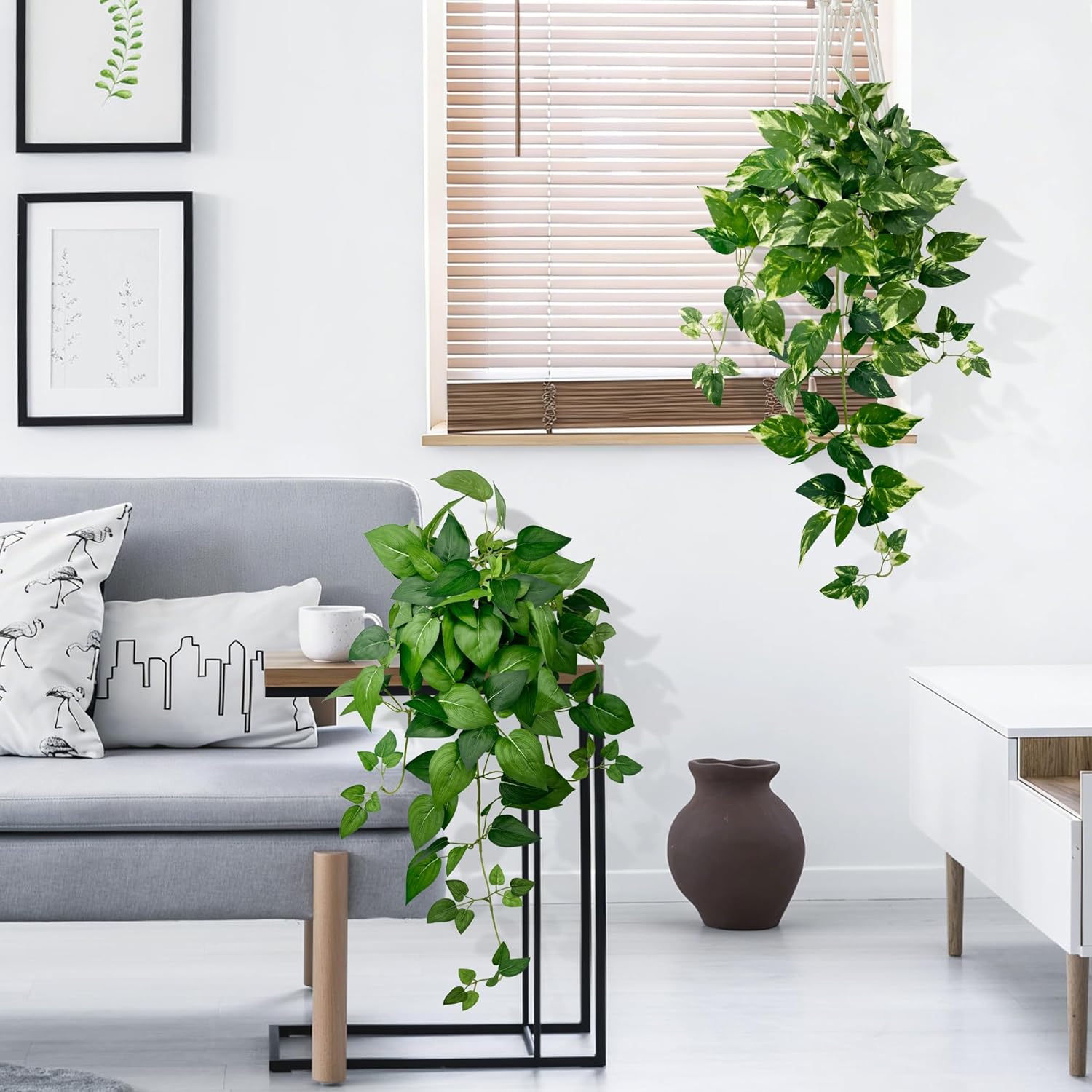 Artificial Hanging Plants with White Pots –2 Pack Fake Pothos Potted Plants Faux Ivy Vines 23.6‘’, Realistic Greenery Hanging Fakeplants Indoor for Home Decor, Bedroom, Bathroom, Office, Living Room