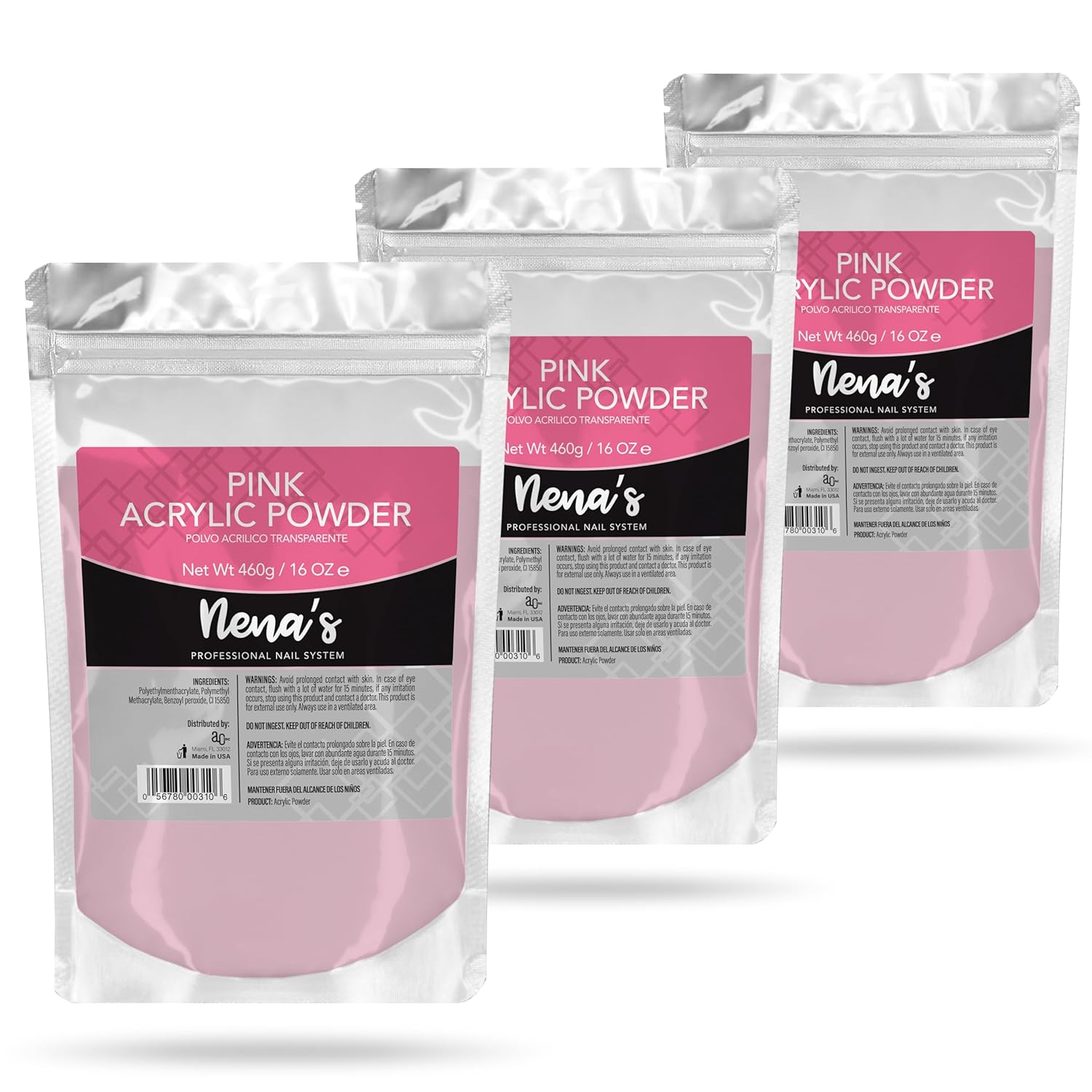 3 set- Nena's Superior Sculpting Powder Professional Acrylic Nail System Clear Blush Pink Medium Pink 16 oz 460 g (Pink).