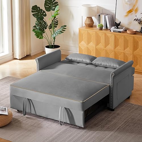Miniatura 101 de sofá cama de terciopelo de 58 pulgadas, convertible 3 en 1 con bolsa de almacenamiento y respaldo ajustable, perfecto para espacios pequeños, sala 7