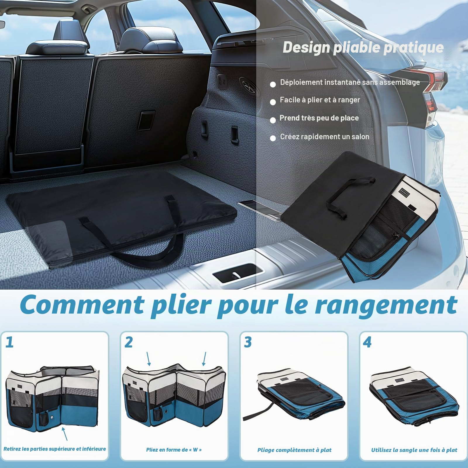 PETSFIT Enclos Pliable pour Petits Animaux, Chiens, Chats, avec Fond étanche, système Pop-up, Design Anti-Mastication, Gris/Bleu, 116 x 106 x 70 cm