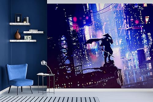 Miniatura 9 de Samurai japonés en Ciudad Neón Cibernética Futurista de Japón. Mural de pared Futuro retro de onda de sintetizador de estilo anime. Papel tapiz