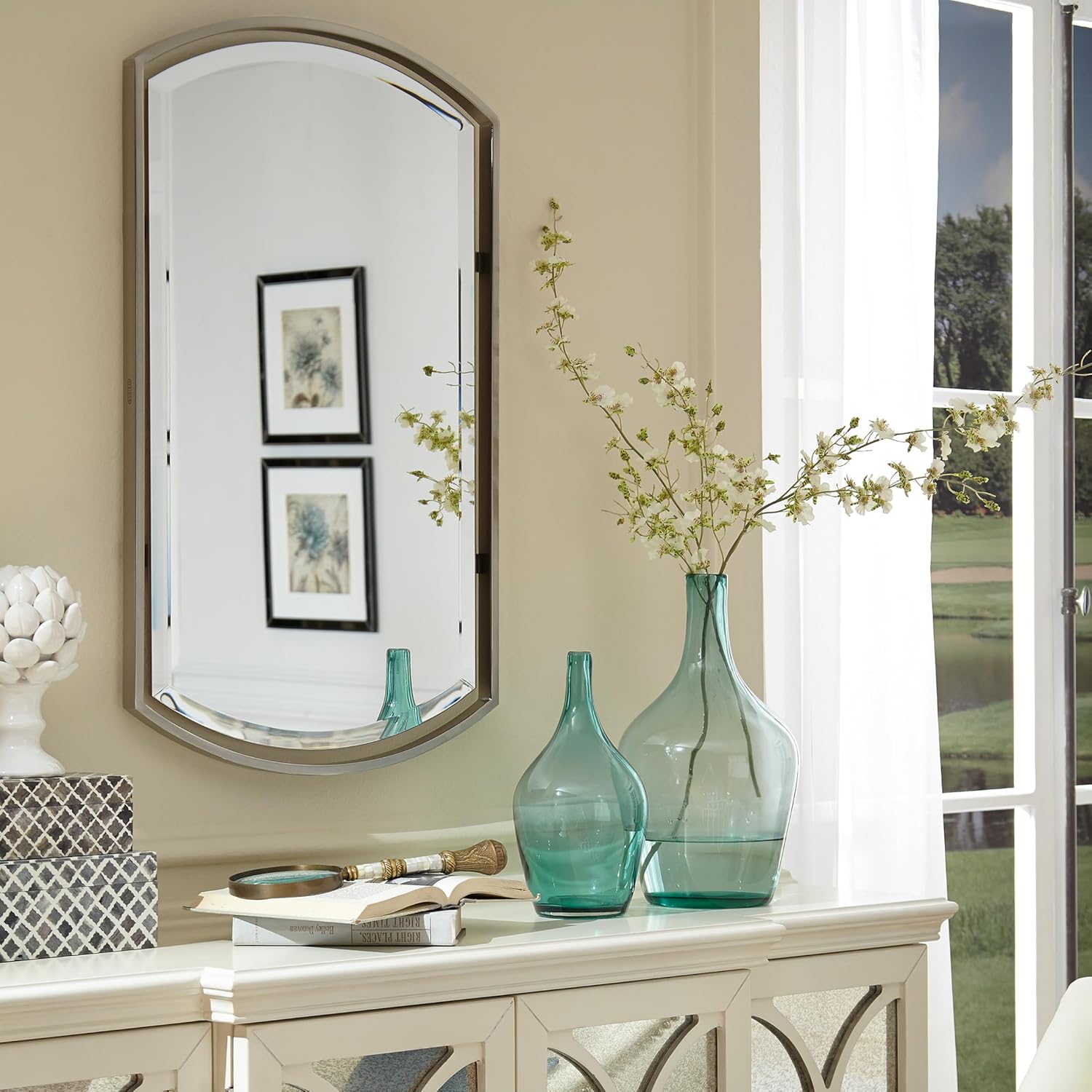 Quoizel Breckenridge Vanity Mirror, Small Brushed Nickel Wall Mirror, Elegant and Modern Mirror for Bathroom or Powder Room, Timeless Style Luxurious Finish Wall Mirror Décor | 35" x 21"
