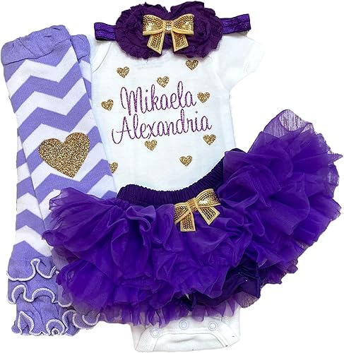 Vista 13 de Personalized Baby Girl Outfit Shower Gift Custom Name Glitter Heart Outfit Optional Tutu Bloomers Headband and Leg Warmers Light Purple + Gold