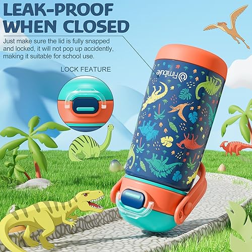 Miniatura 6 de Fimibuke Botella de agua aislada para niños con tapa con pajita y asa - 14 oz sin BPA, vaso de metal de acero inoxidable 188, a prueba de fugas,