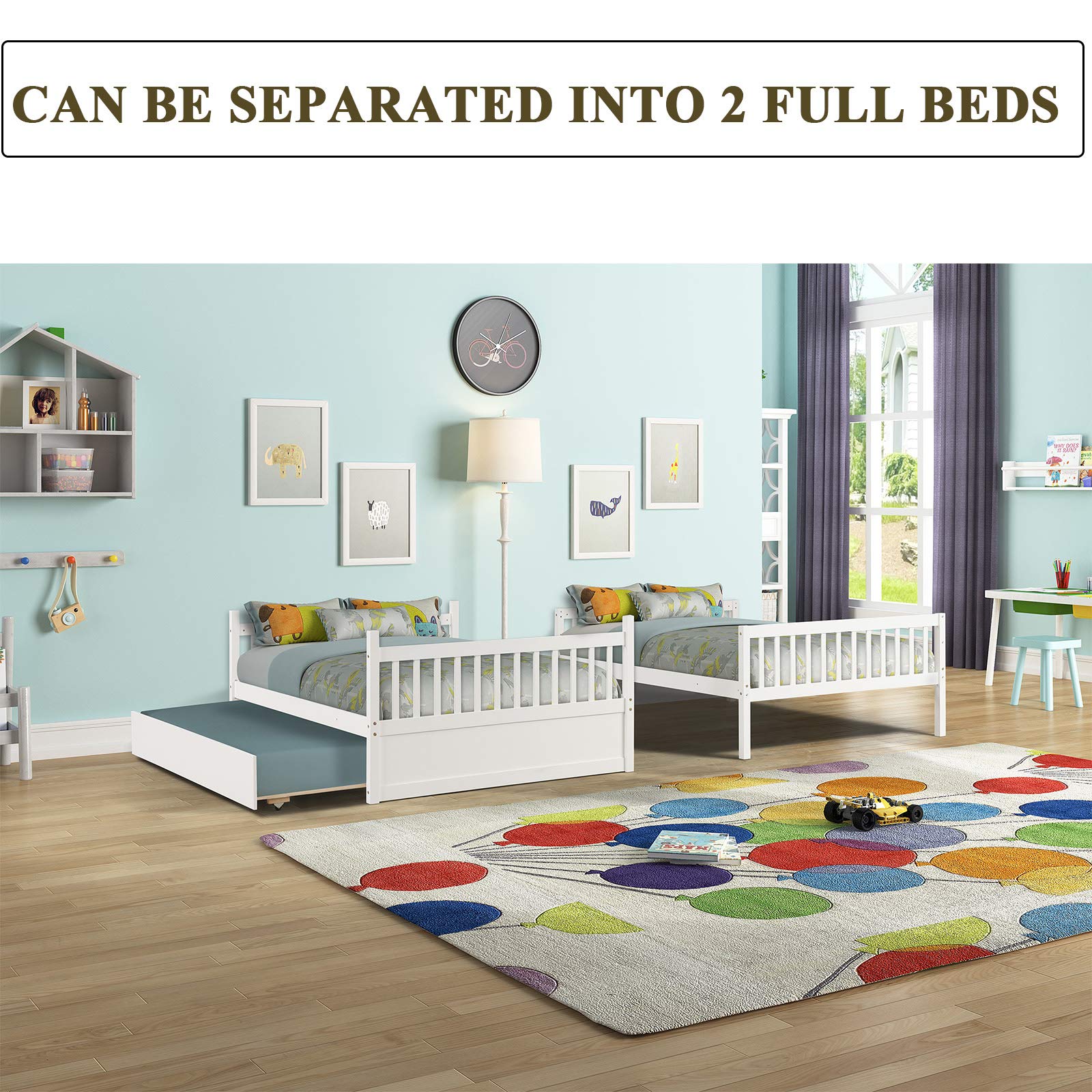 Full Over Full Bunk Bed with Trundle, Pine Wood Bunk Beds Full Over