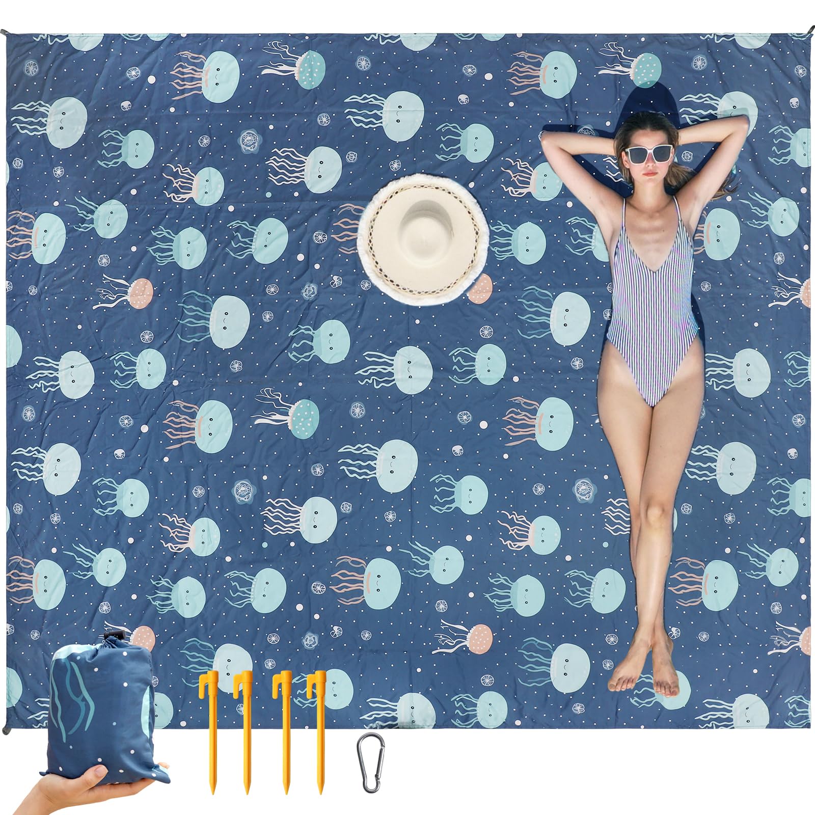 ISOPHO Coperta da spiaggia, Coperta da picnic, Tappetino da spiaggia antisabbia, Leggero e resistente per campeggio, viaggi, picnic sulla spiaggia (blu, 200 x 220cm)