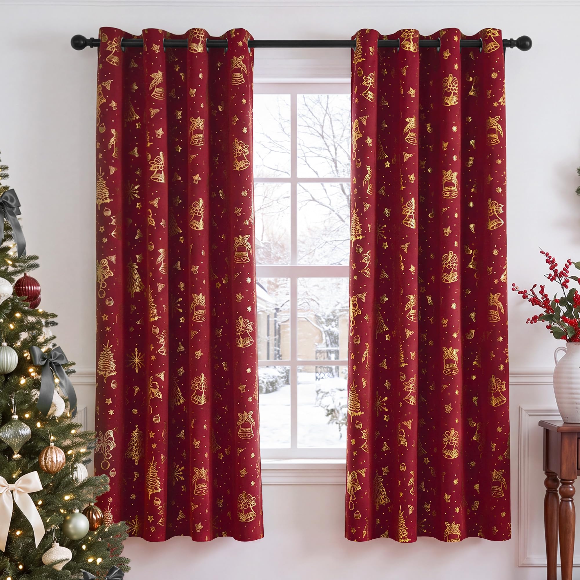 PONY DANCE Red Christmas Curtains Gold Foil Eyelet 46x72 Inch, 2 Panels